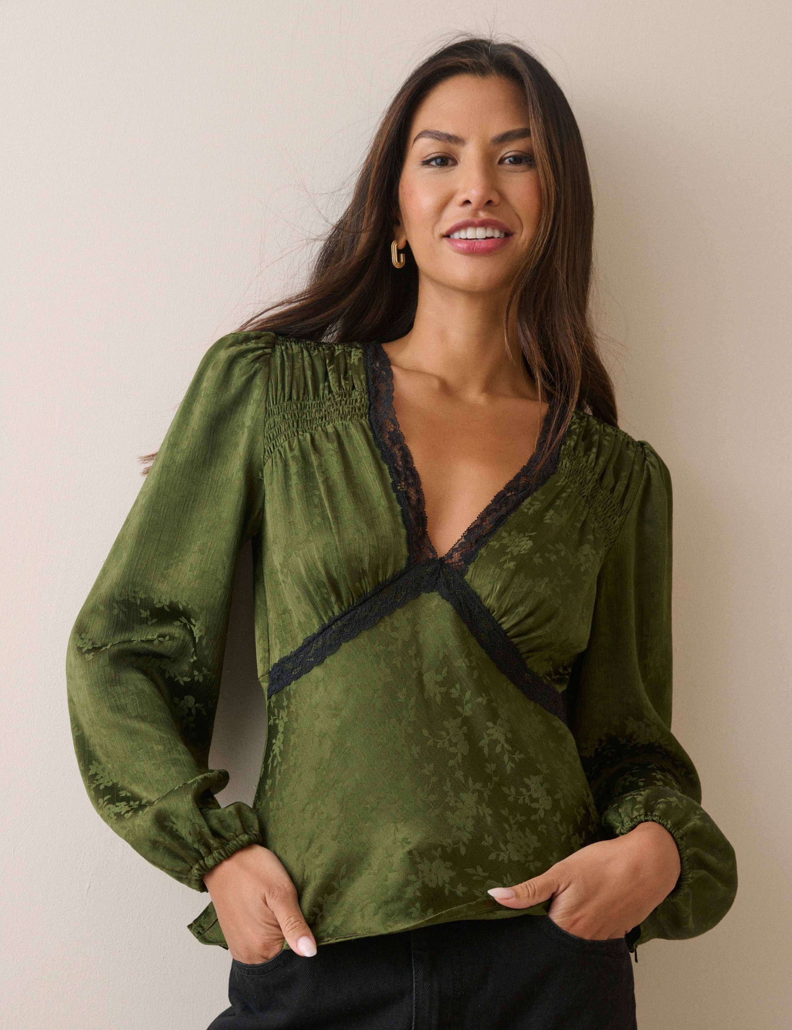 Satin Leaf Print Lace Detail V-Neck Blouse