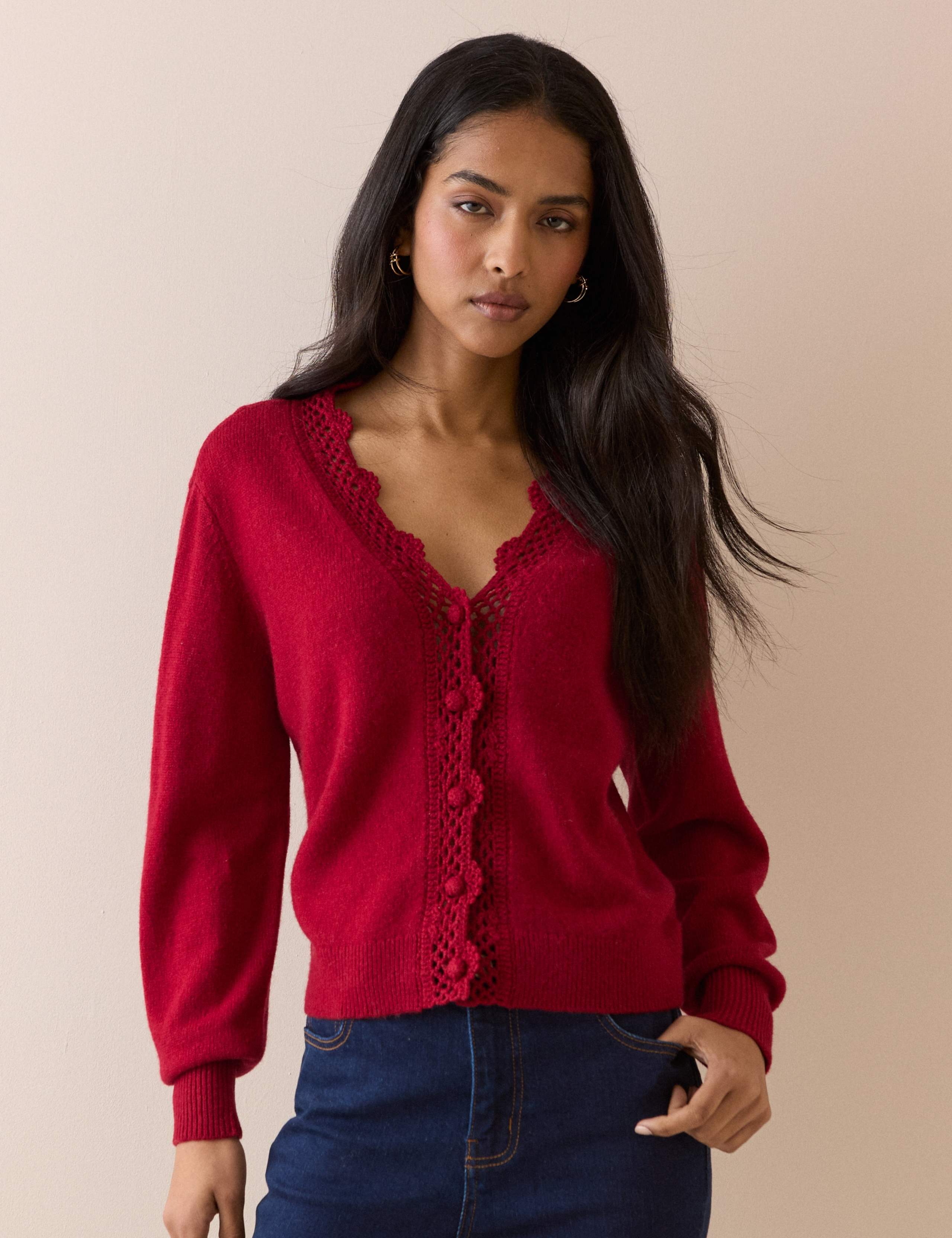 Wool Blend Embellished V-Neck Cardigan