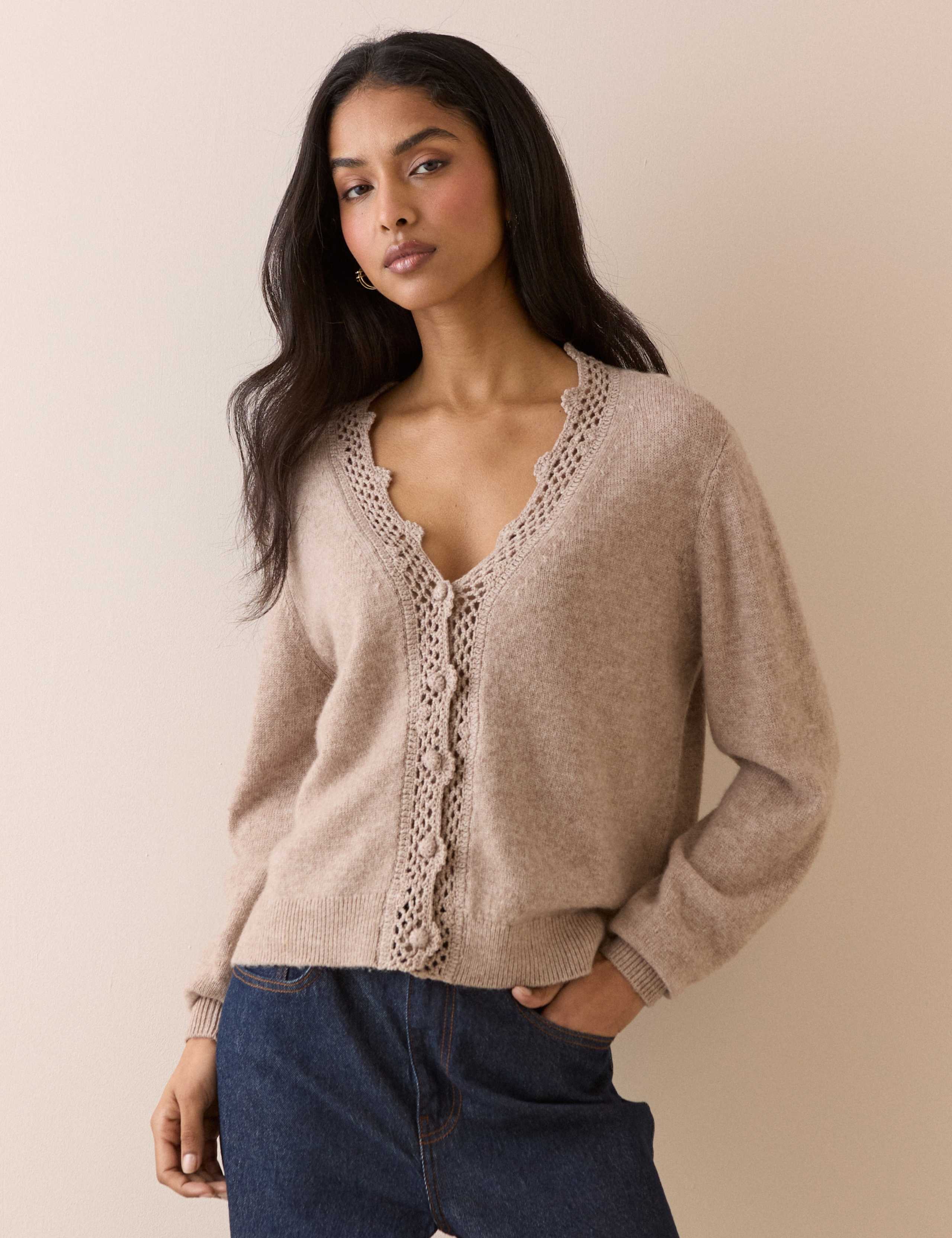 Wool Blend Embellished V-Neck Cardigan
