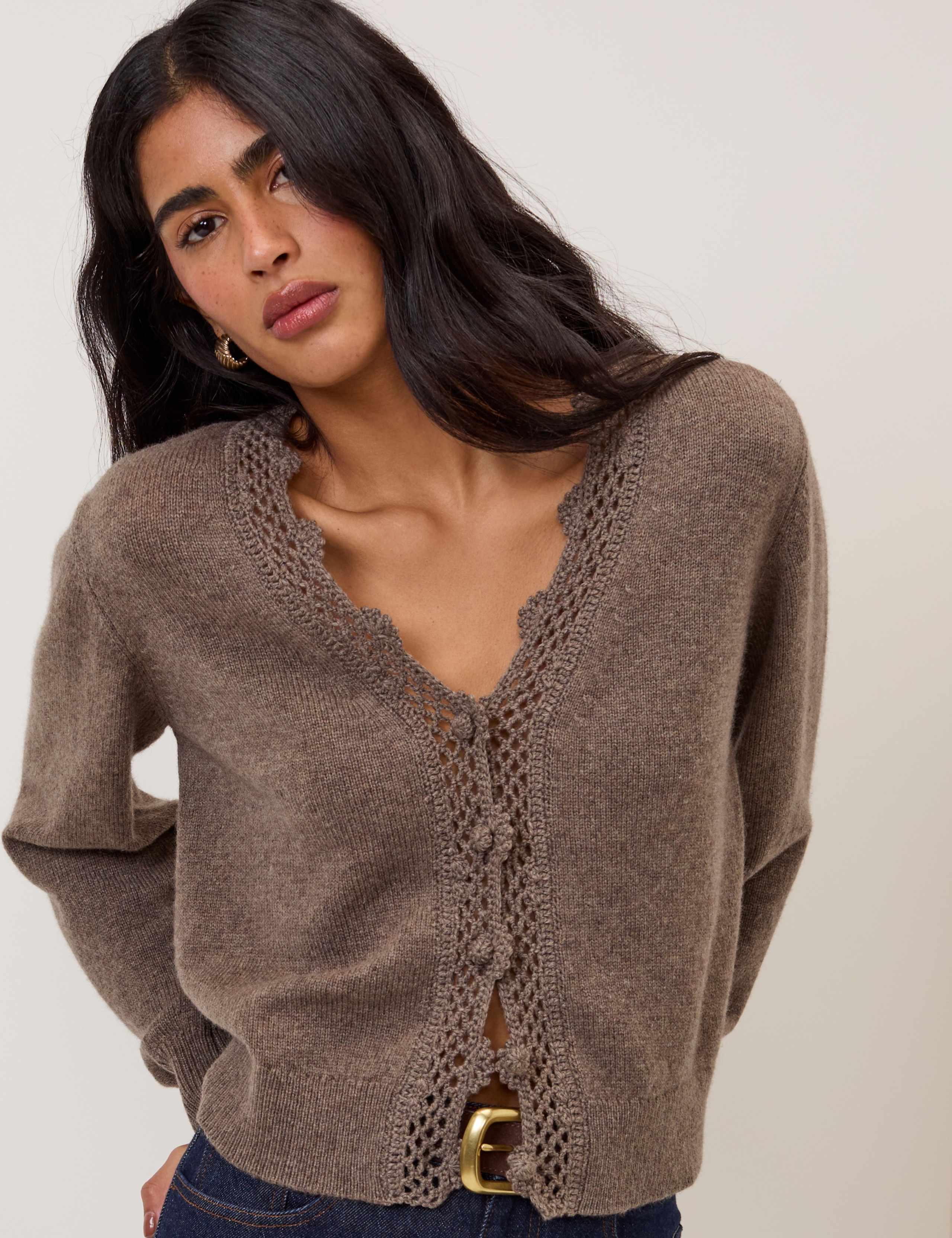 Wool Blend Embellished V-Neck Cardigan