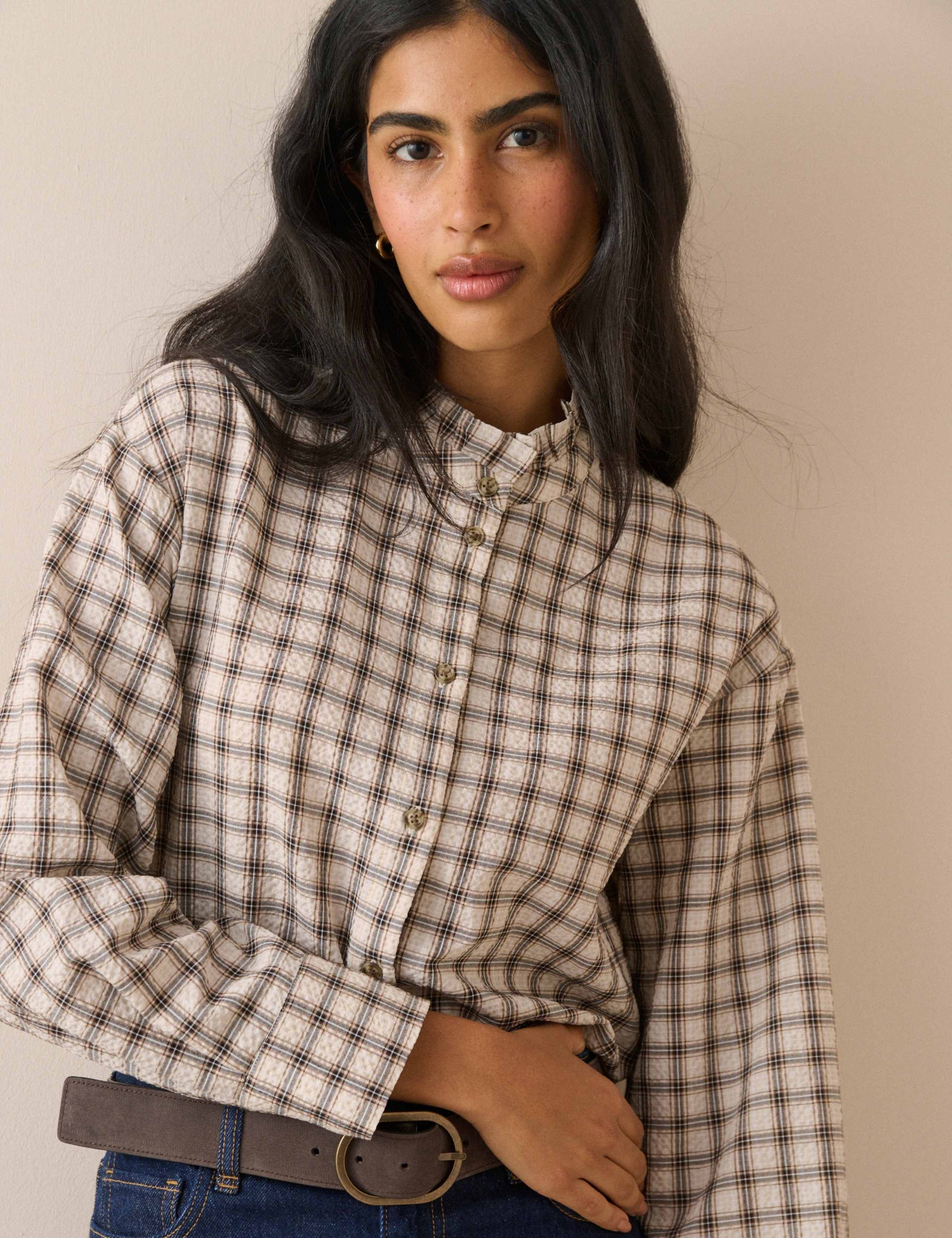 Checked High Frill Neck Blouse