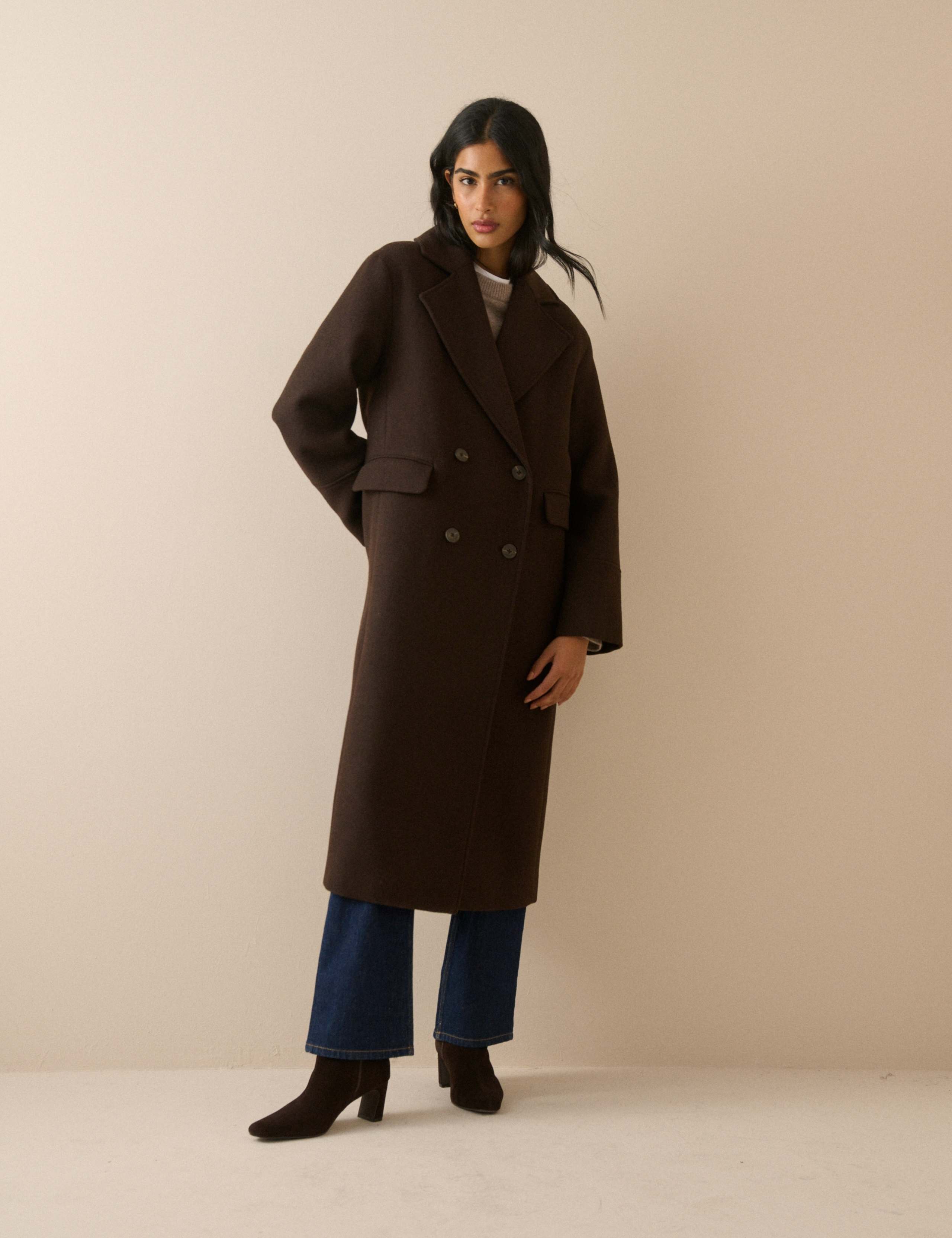 Herringbone Double Breasted Coat with Wool