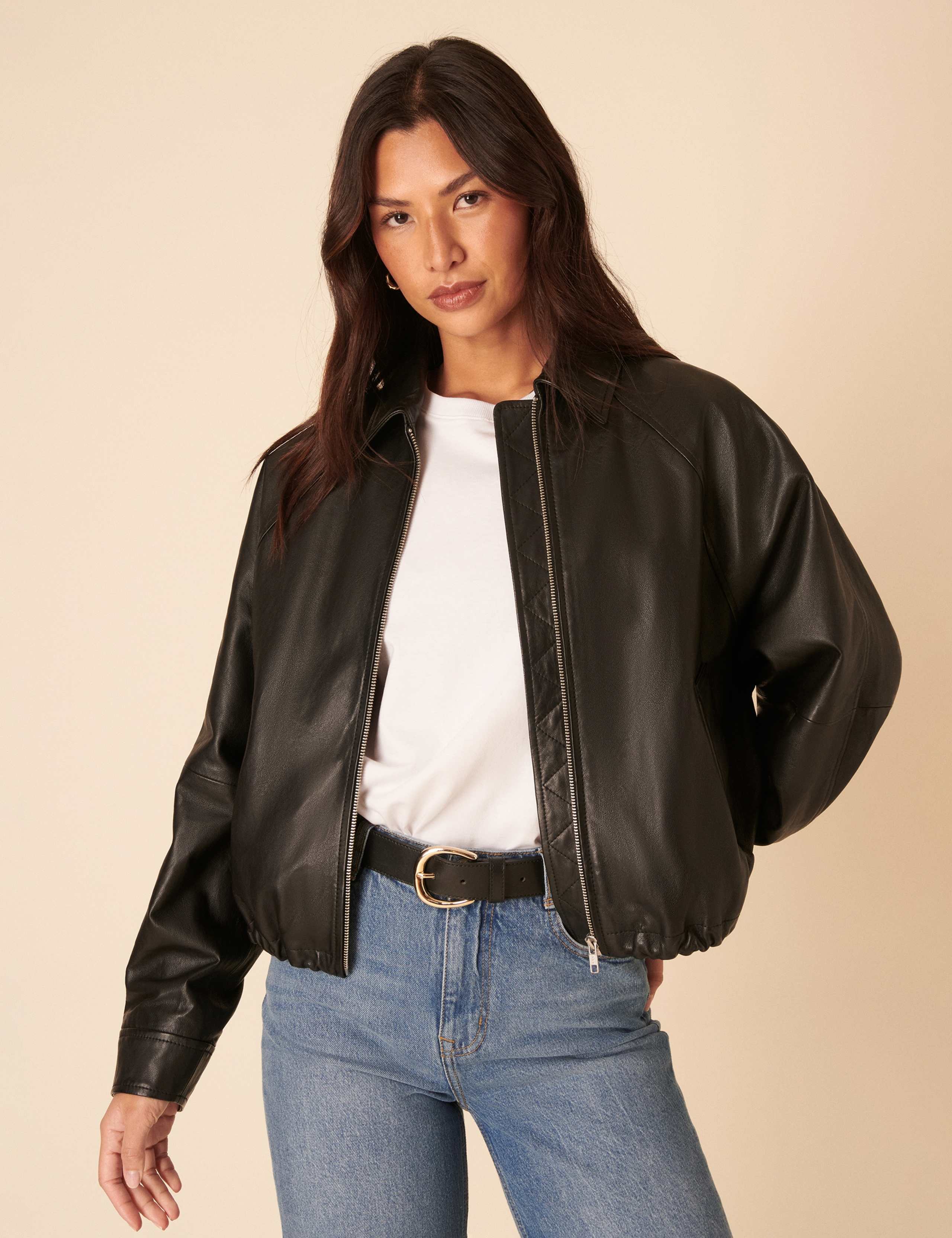 Leather Cropped Bomber Jacket