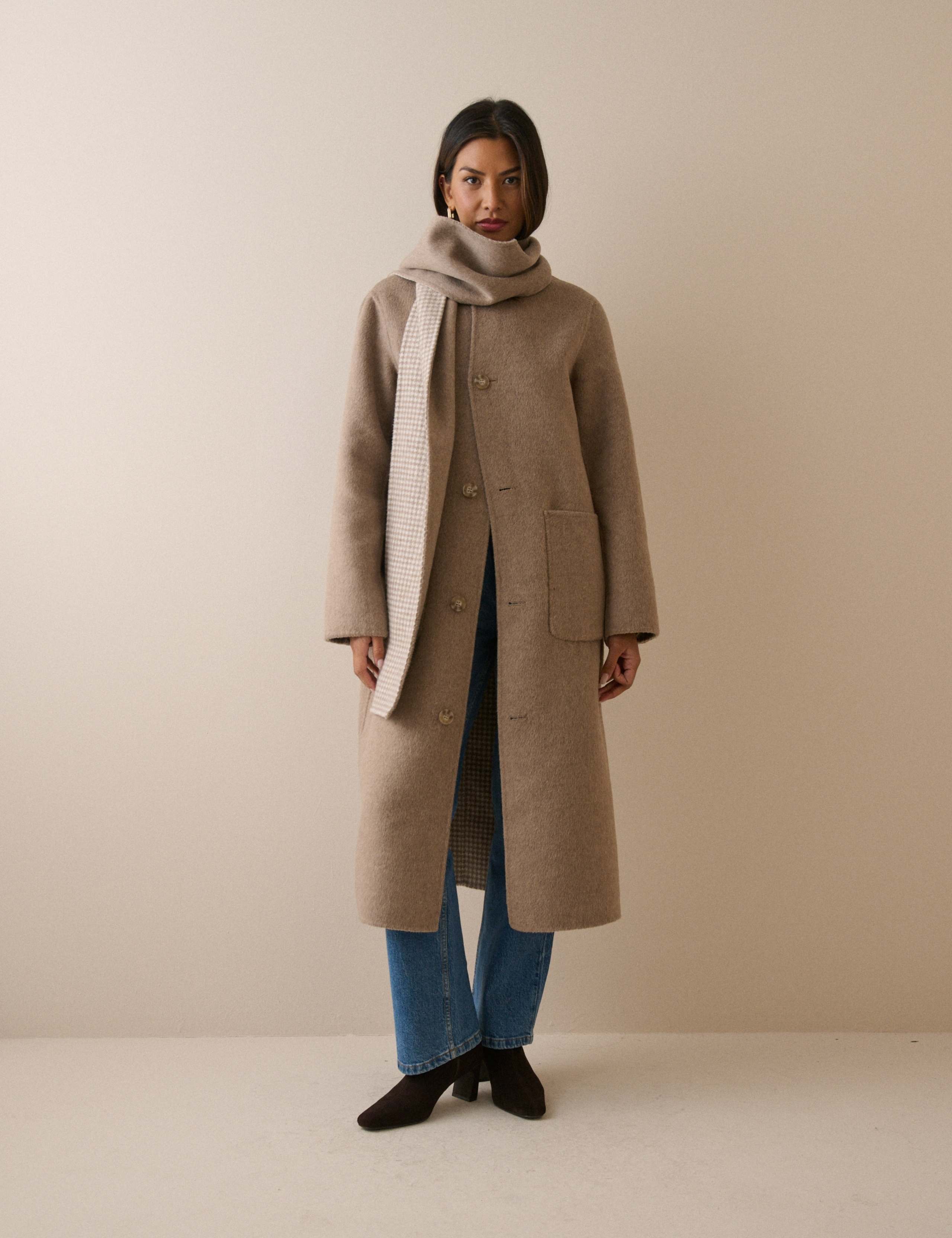Wool Blend Checked Reversible Scarf Coat