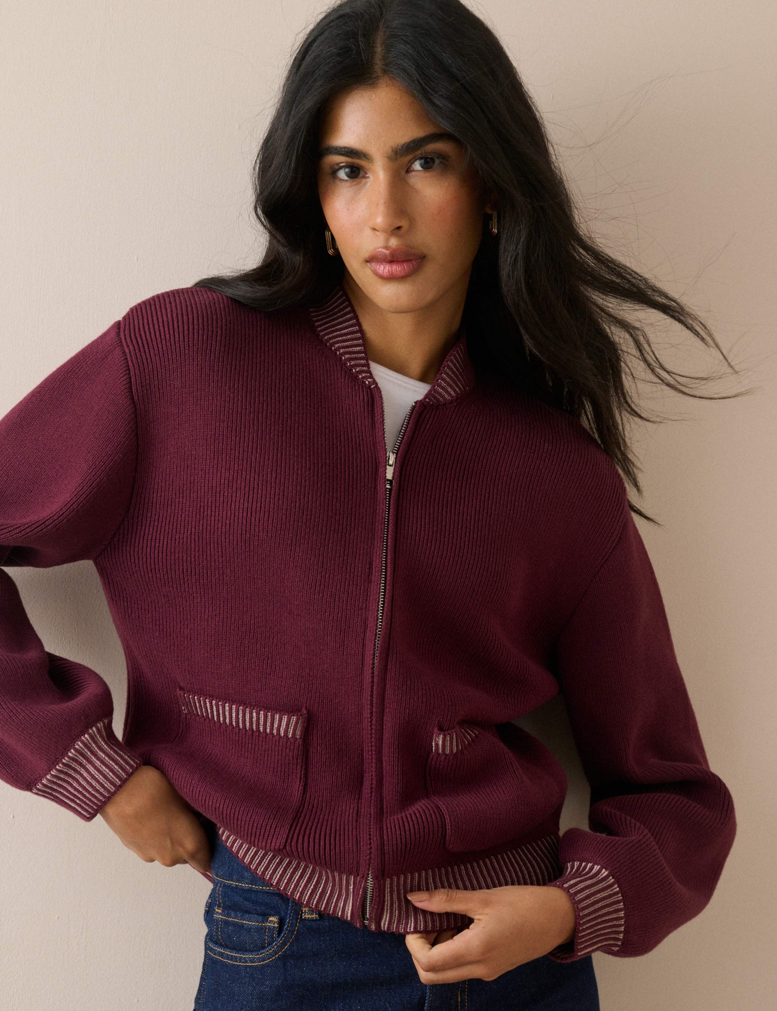 Pure Cotton Relaxed Knitted Bomber Jacket