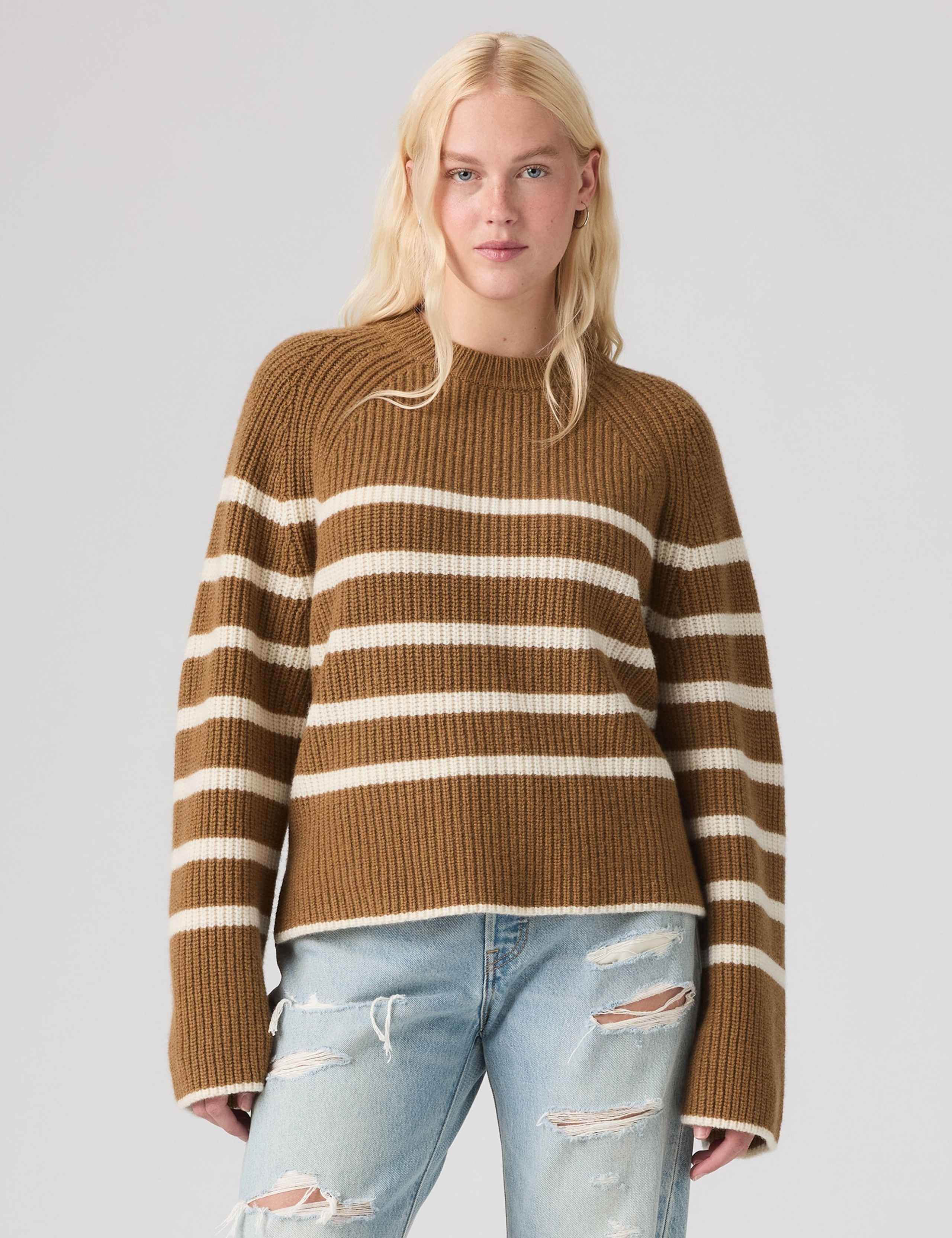 Wool Rich Striped Ribbed Crew Neck Jumper