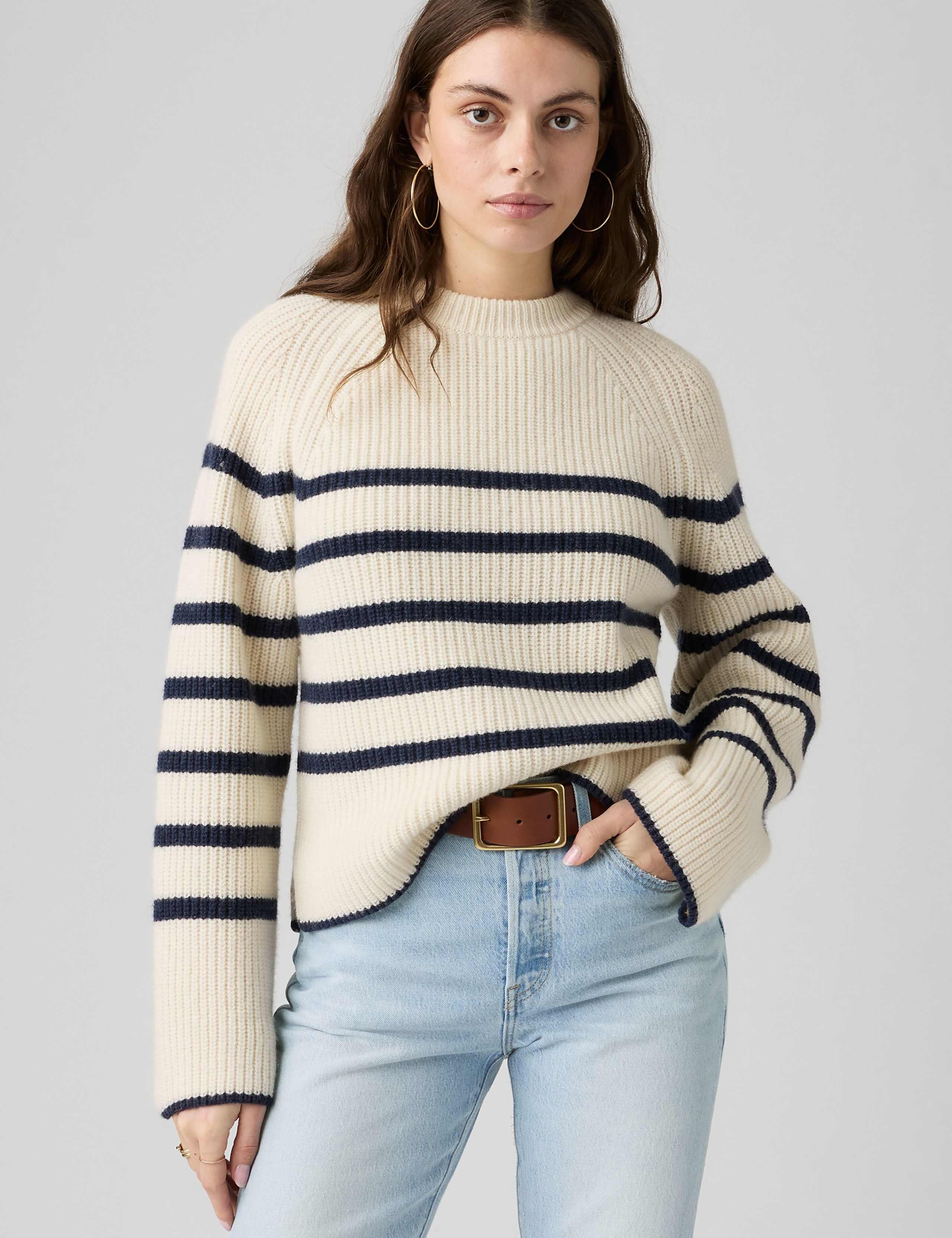 Wool Rich Striped Ribbed Crew Neck Jumper