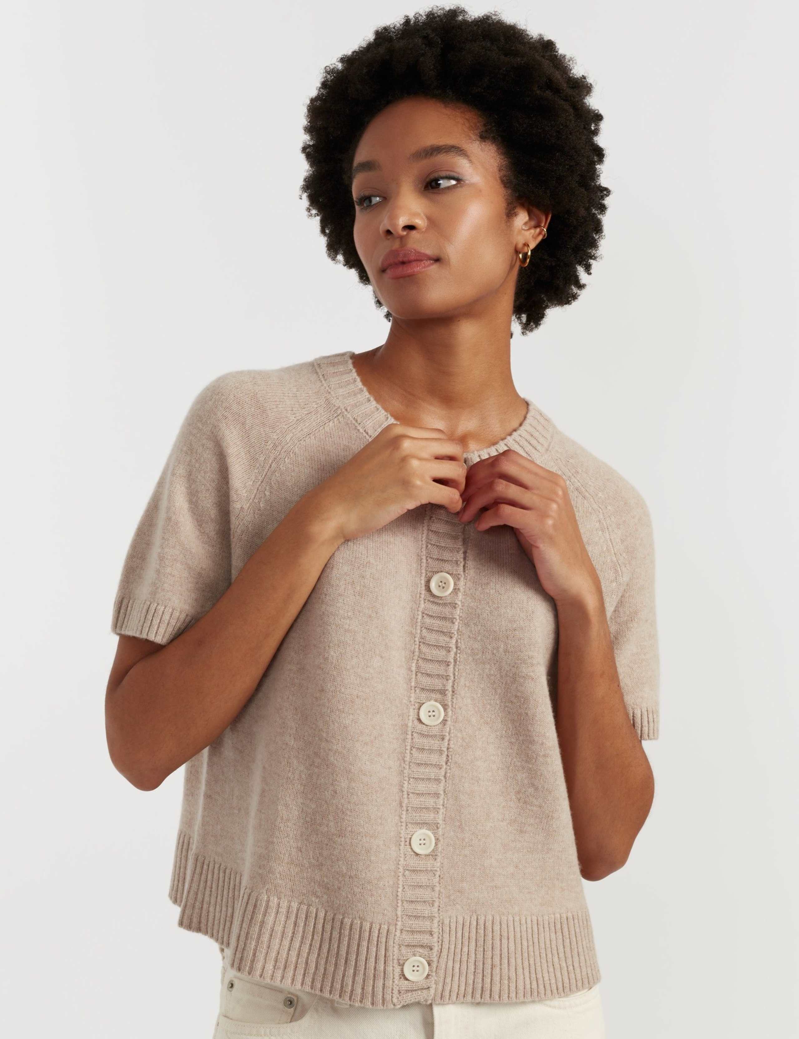 Wool Rich Crew Neck Cardigan with Cashmere