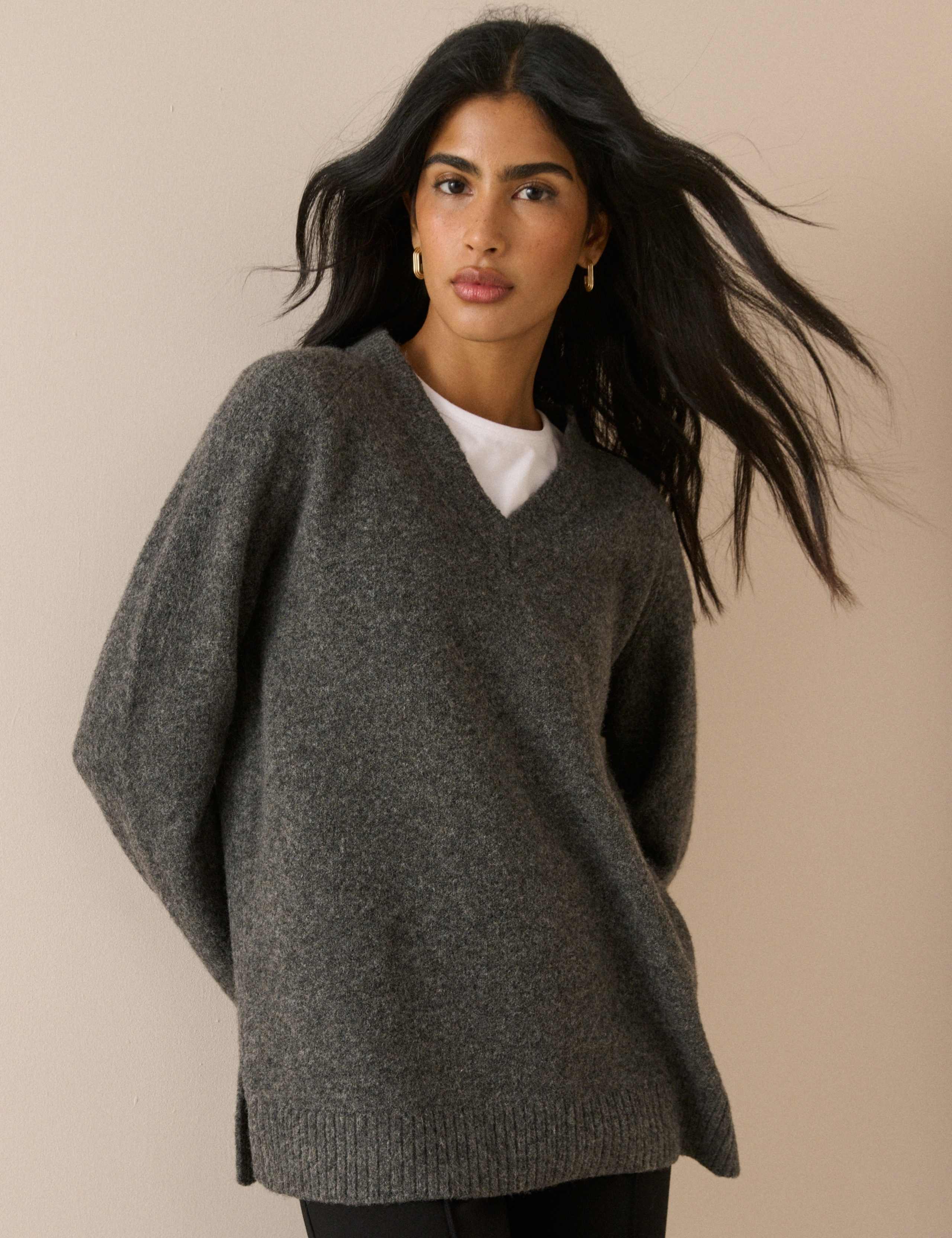 V-Neck Longline Jumper with Wool