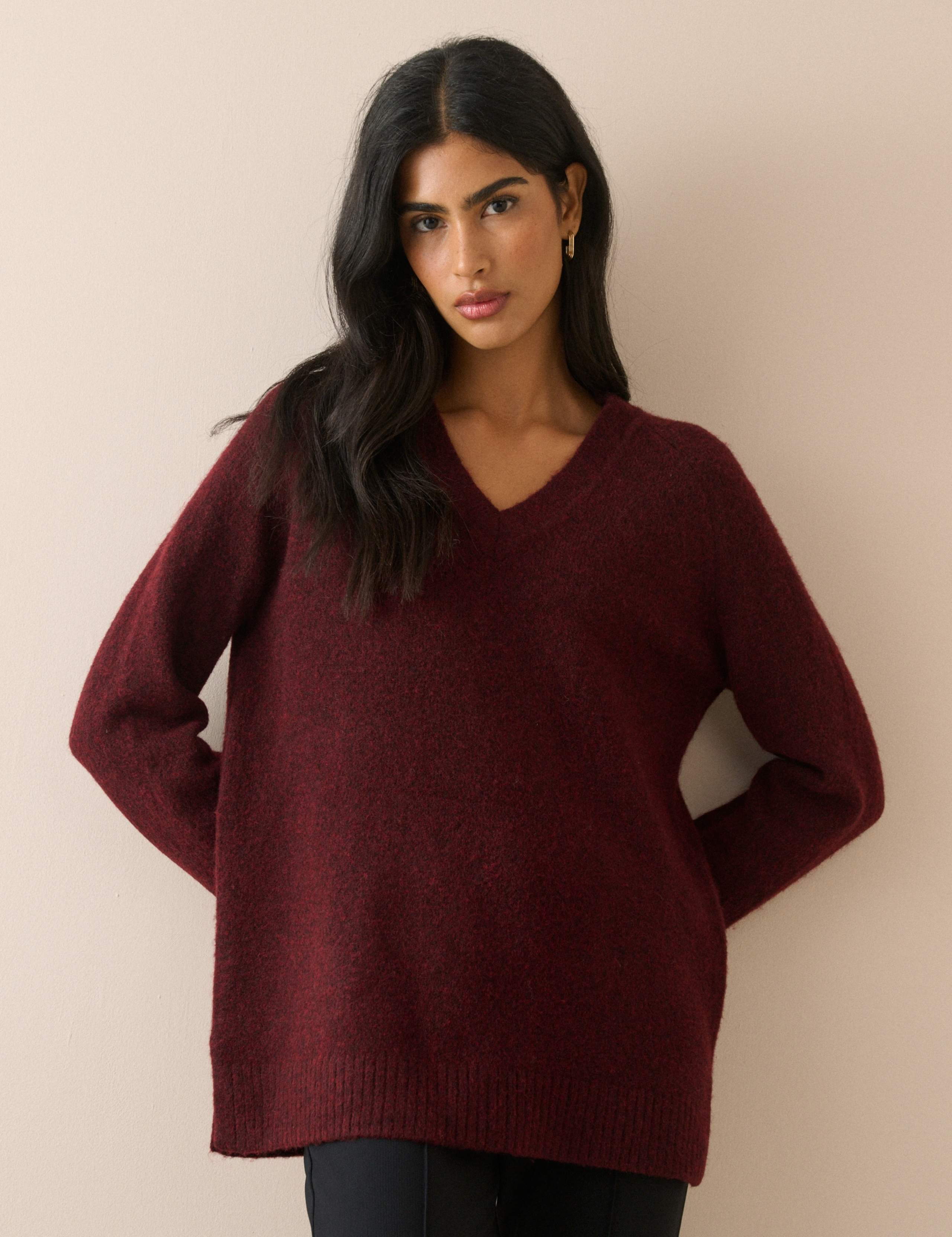 V-Neck Longline Jumper with Wool