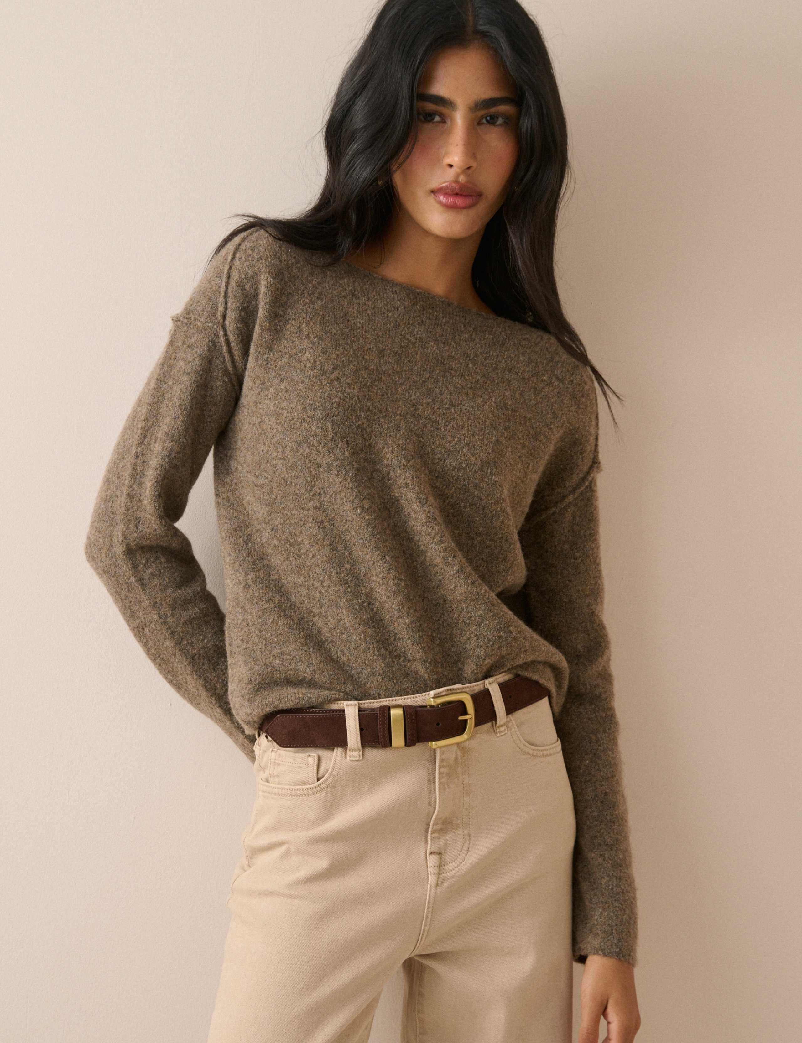 Slash Neck Exposed Seam Jumper With Wool