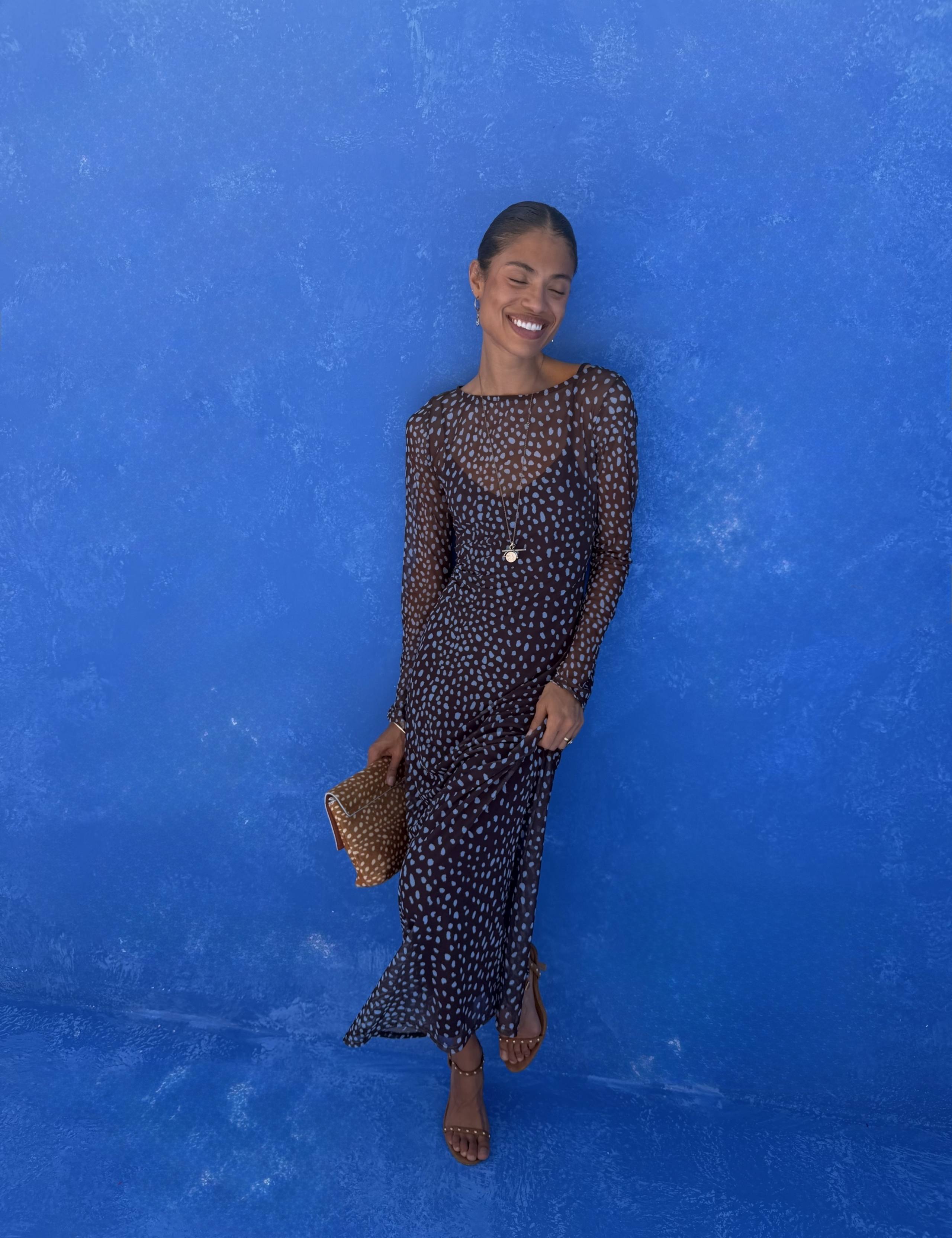 Mesh Print Fitted Maxi Dress