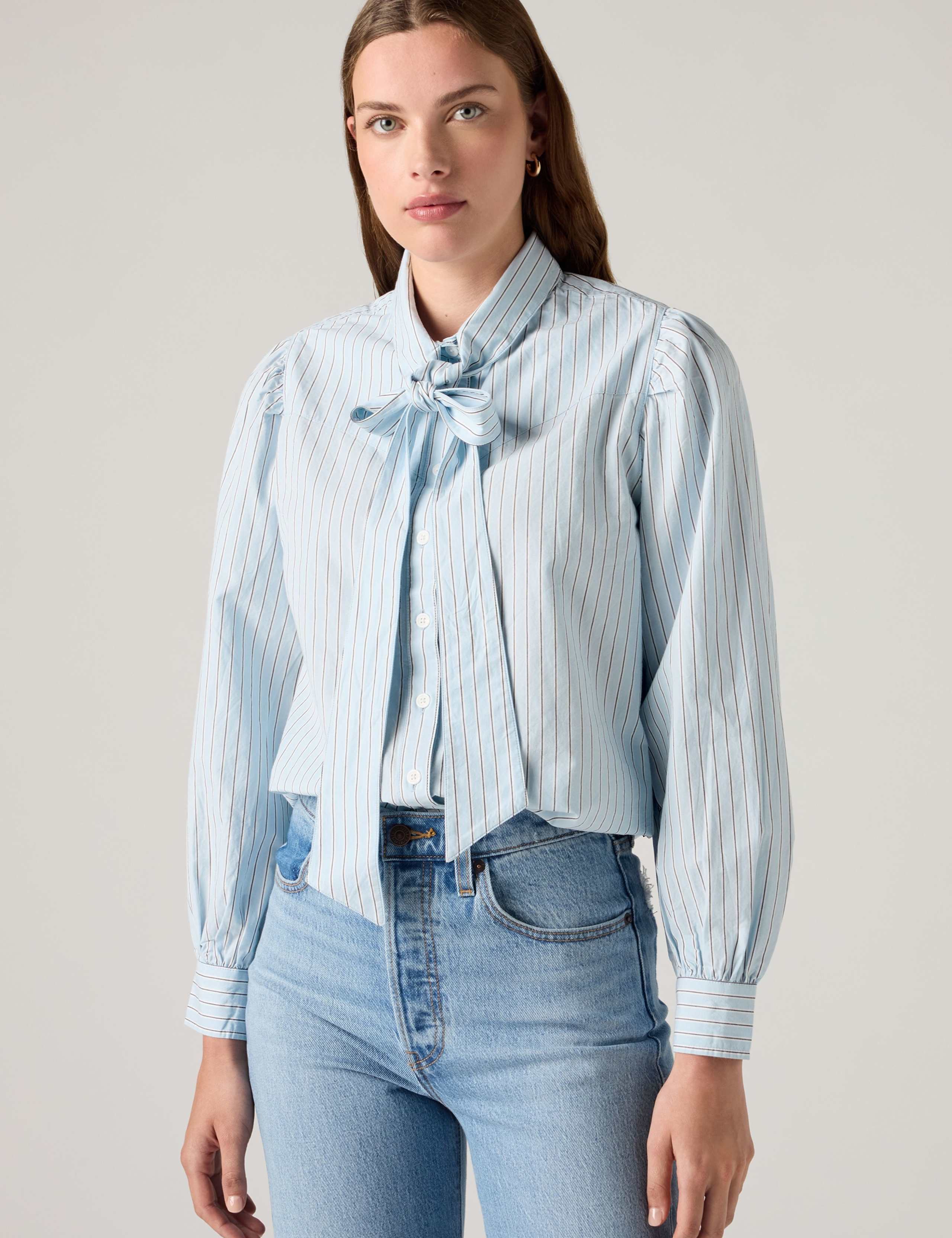 Pure Cotton Striped Tie Neck Shirt
