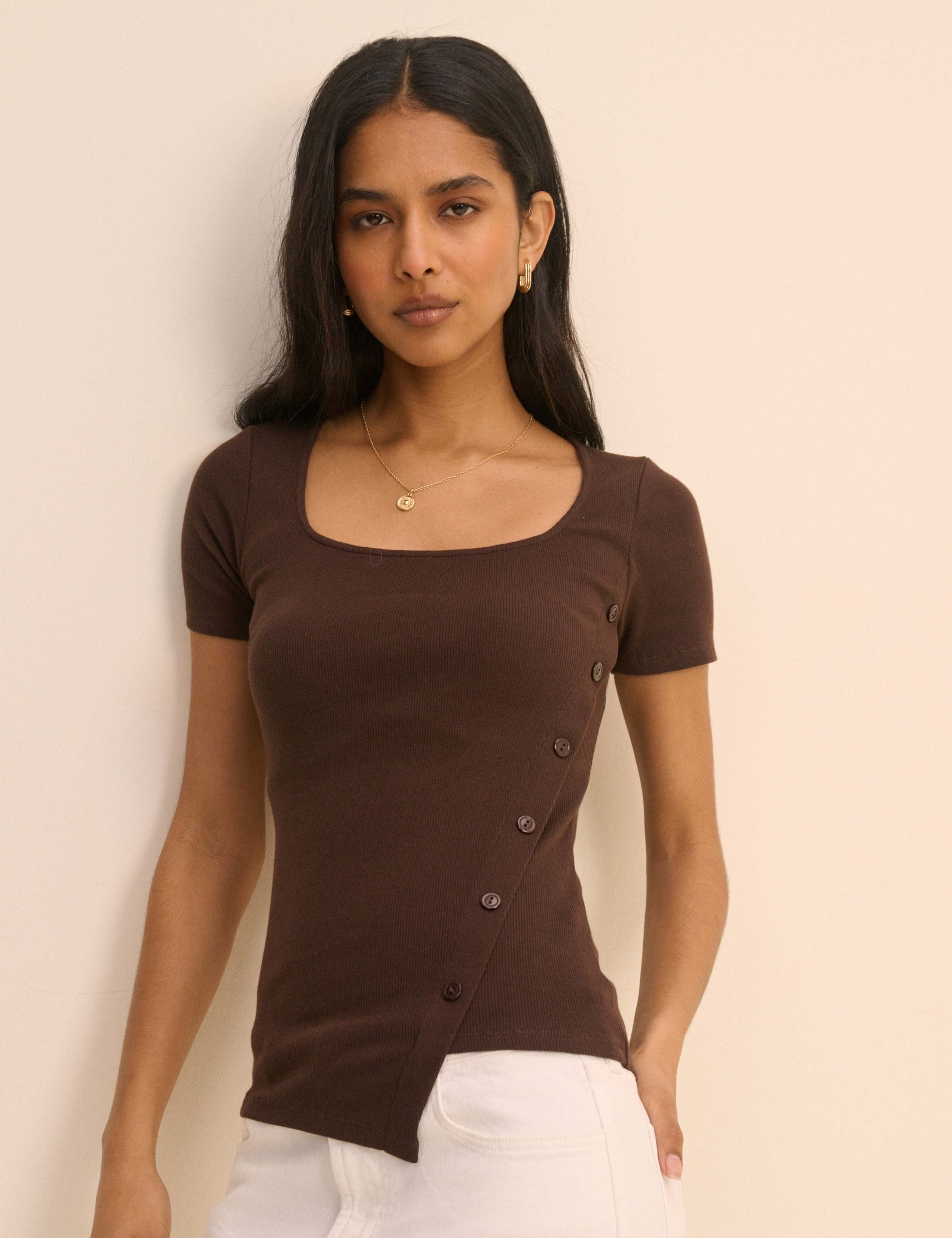 Cotton Rich Ribbed Square Neck Asymmetric Fitted T-Shirt