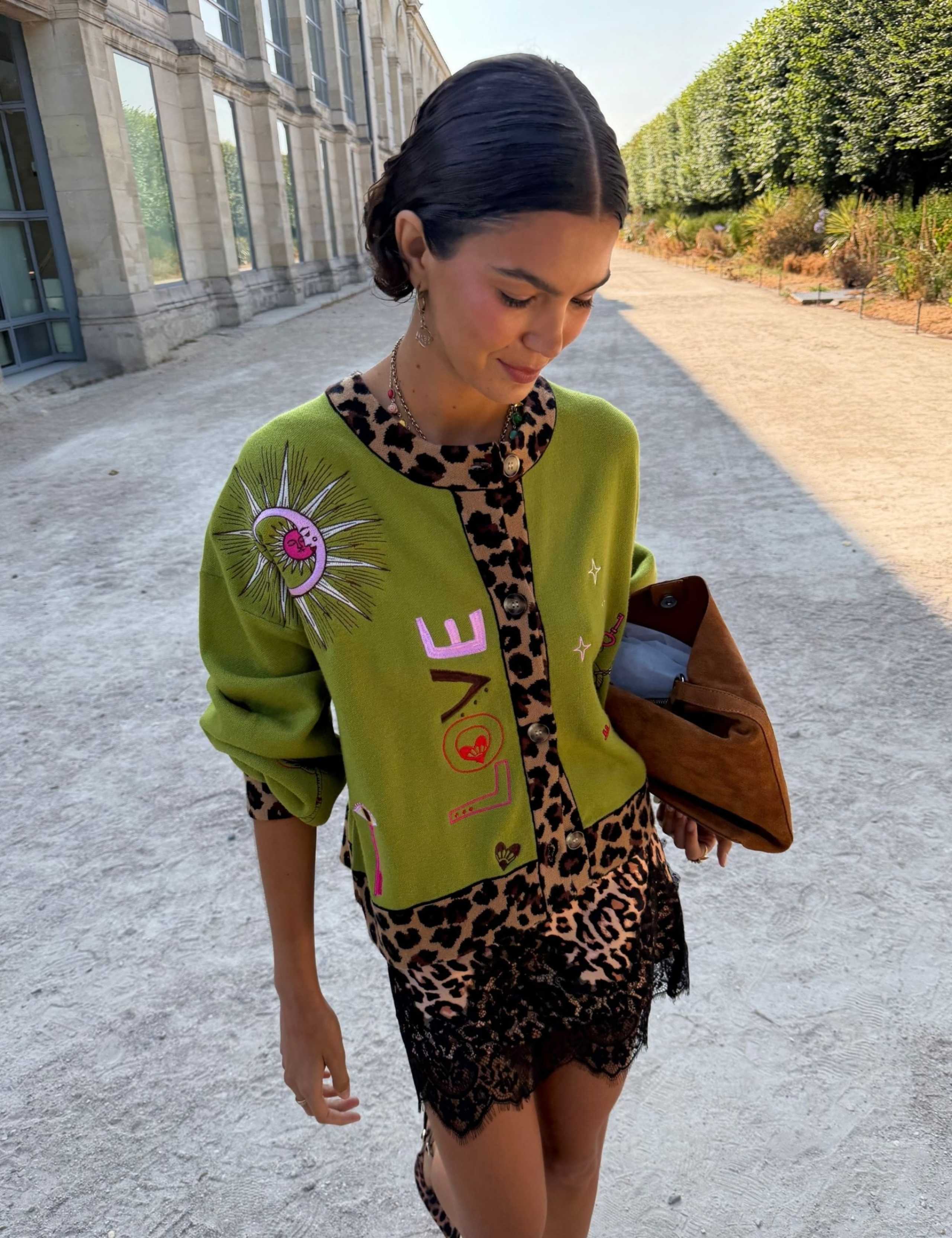 Embroidered Crew Neck Relaxed Cardigan