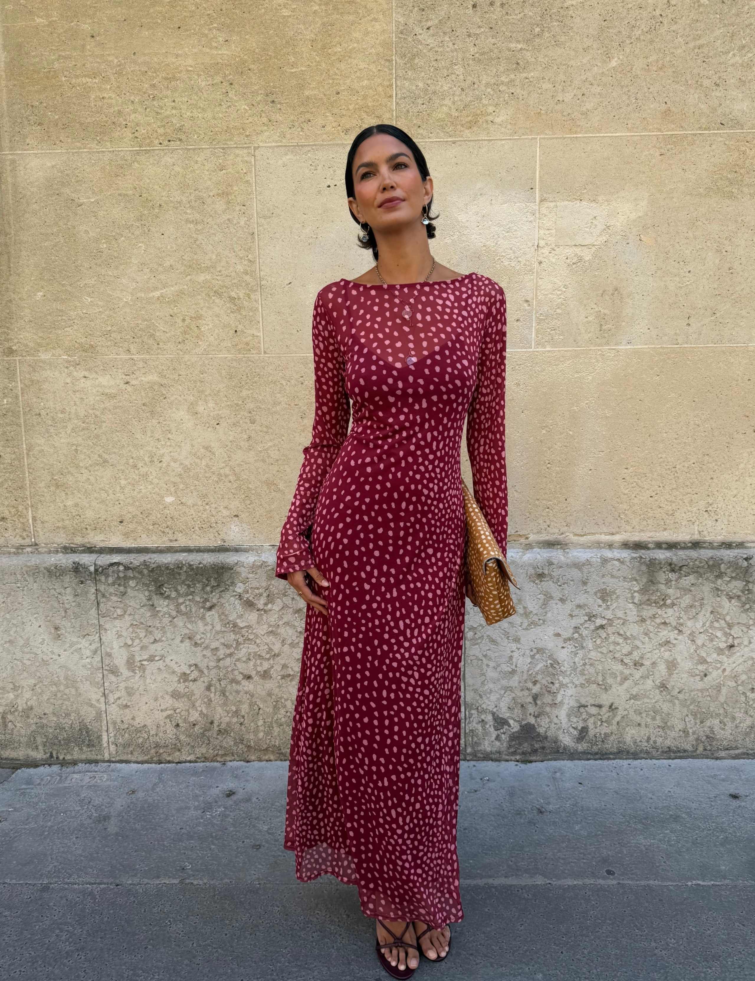 Mesh Deer Print Slash Neck Maxi Dress