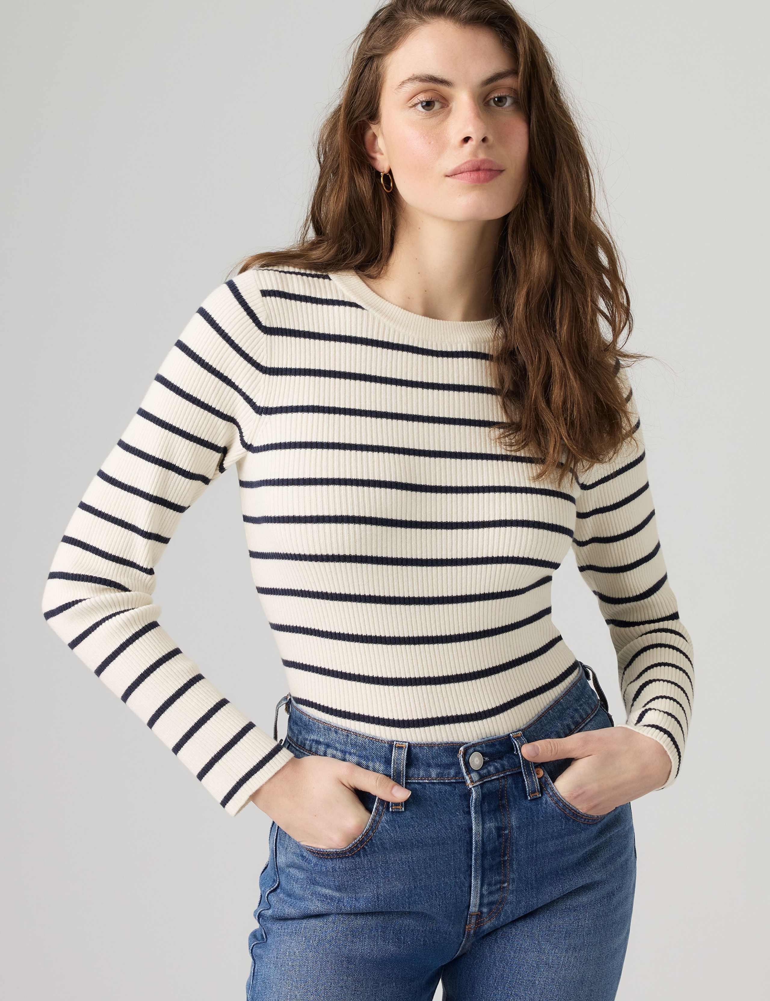 Cotton Blend Striped Ribbed Crew Neck Jumper