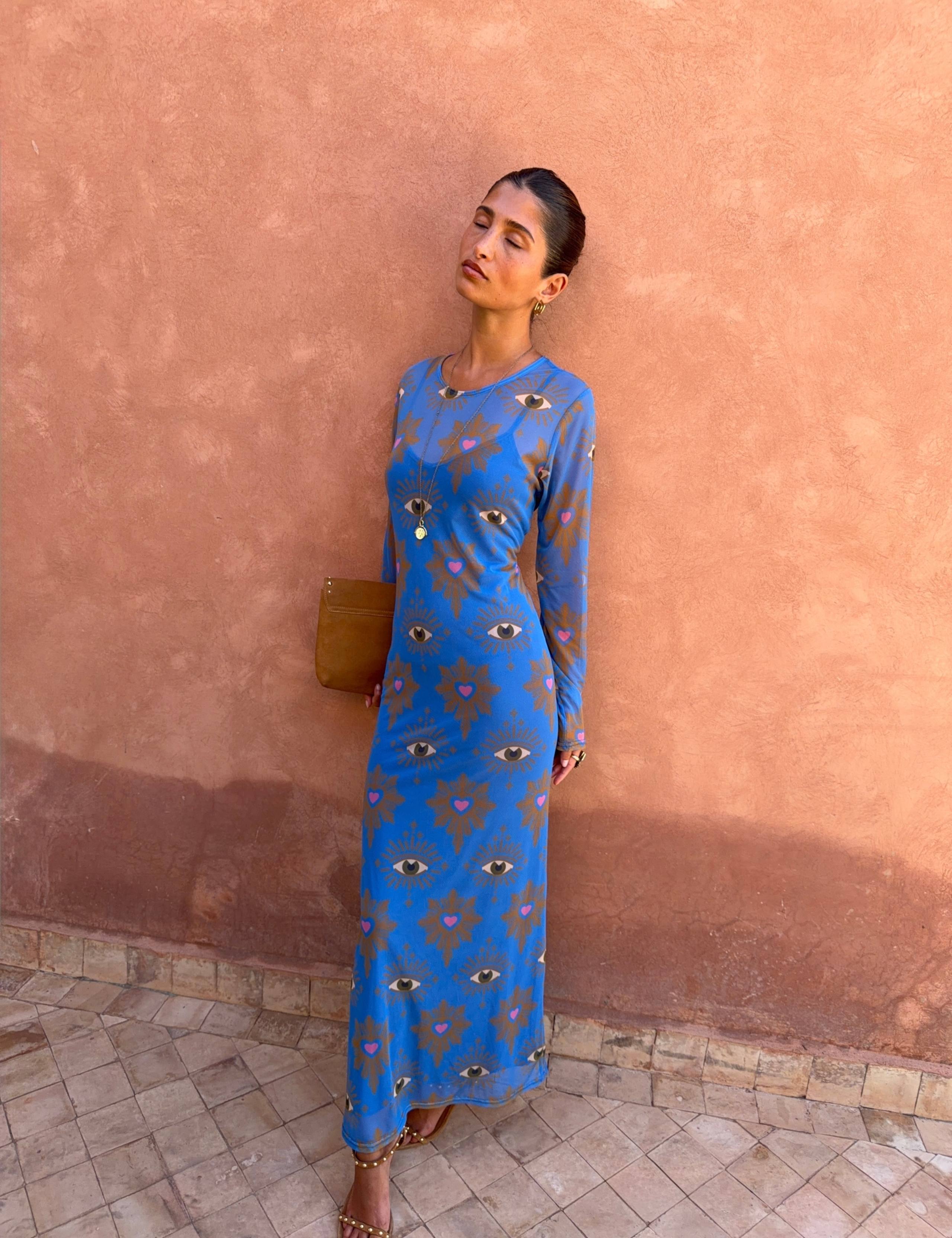 Mesh Eye Print Maxi Fitted Dress