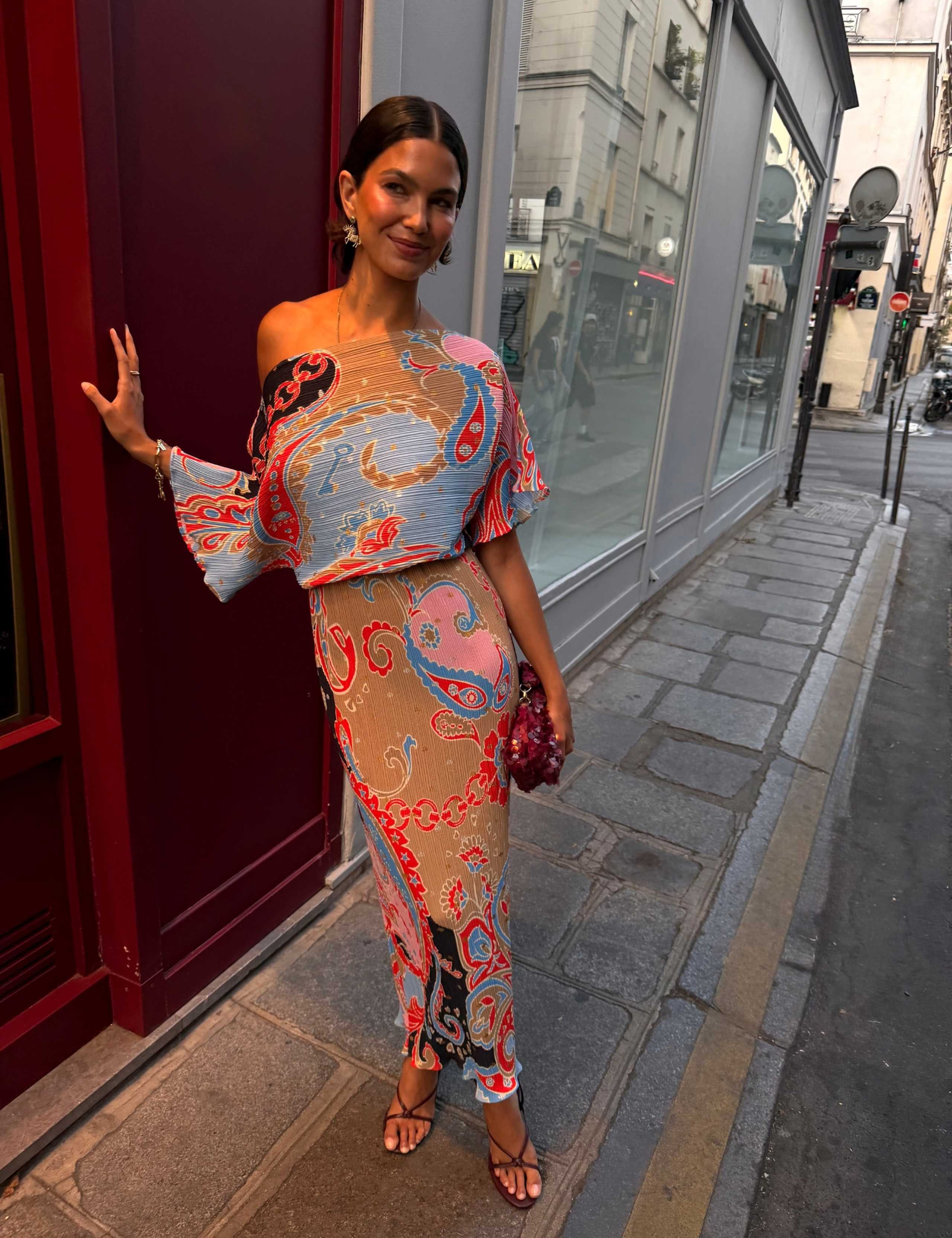 Paisley Slash Neck Midaxi Waisted Dress