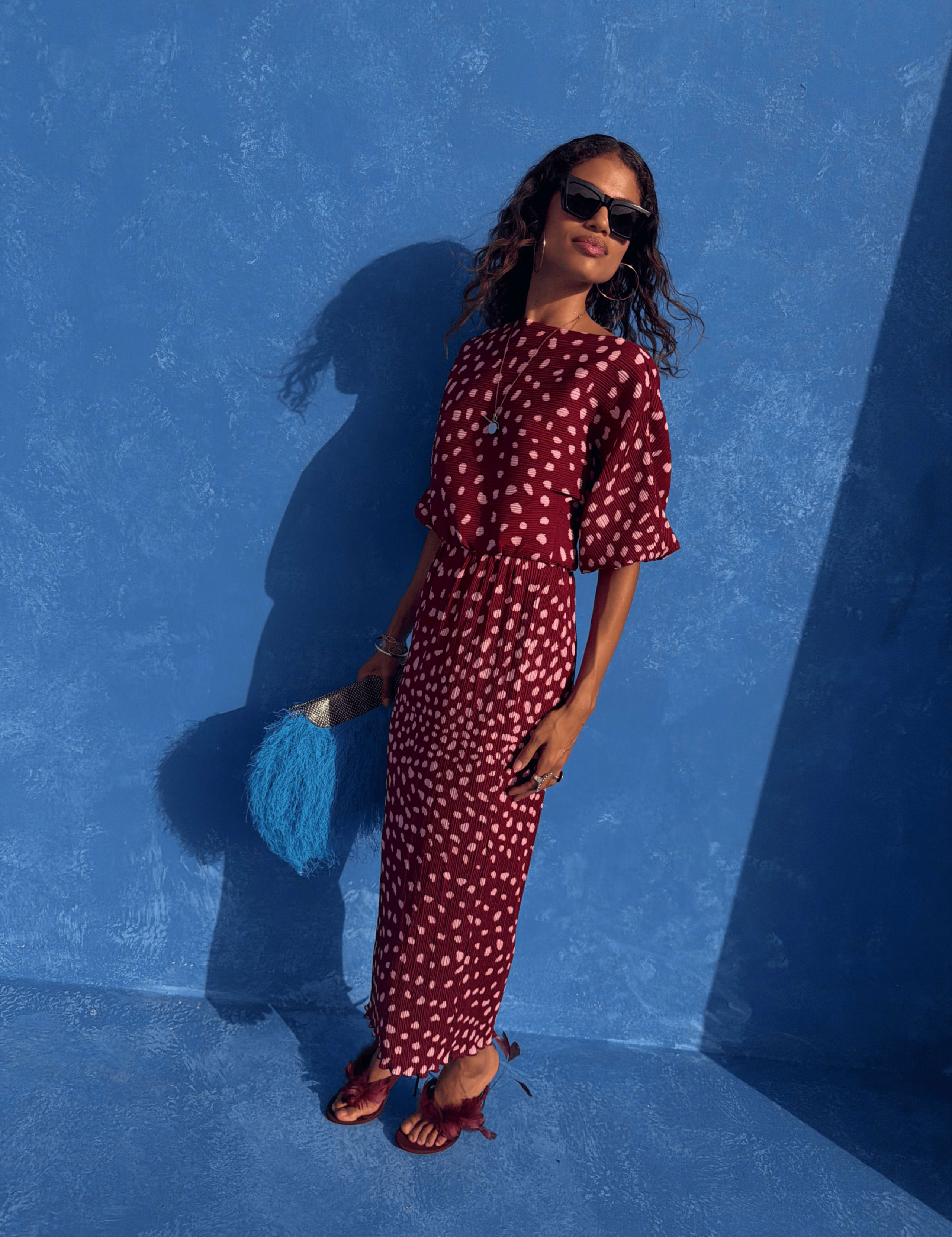 Plisse Printed Midaxi Waisted Dress