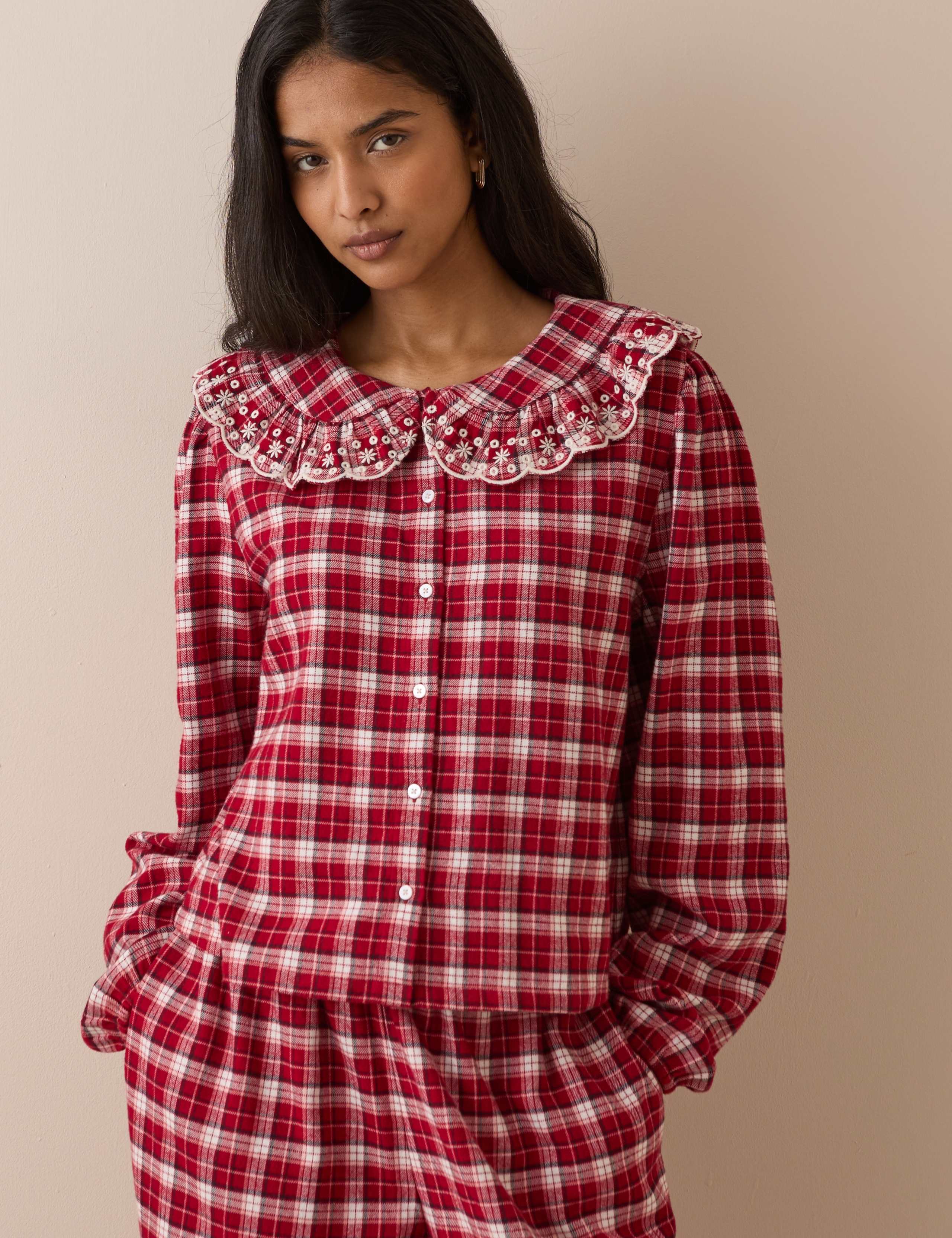 Pure Cotton Brushed Checked Frill Pyjama Top
