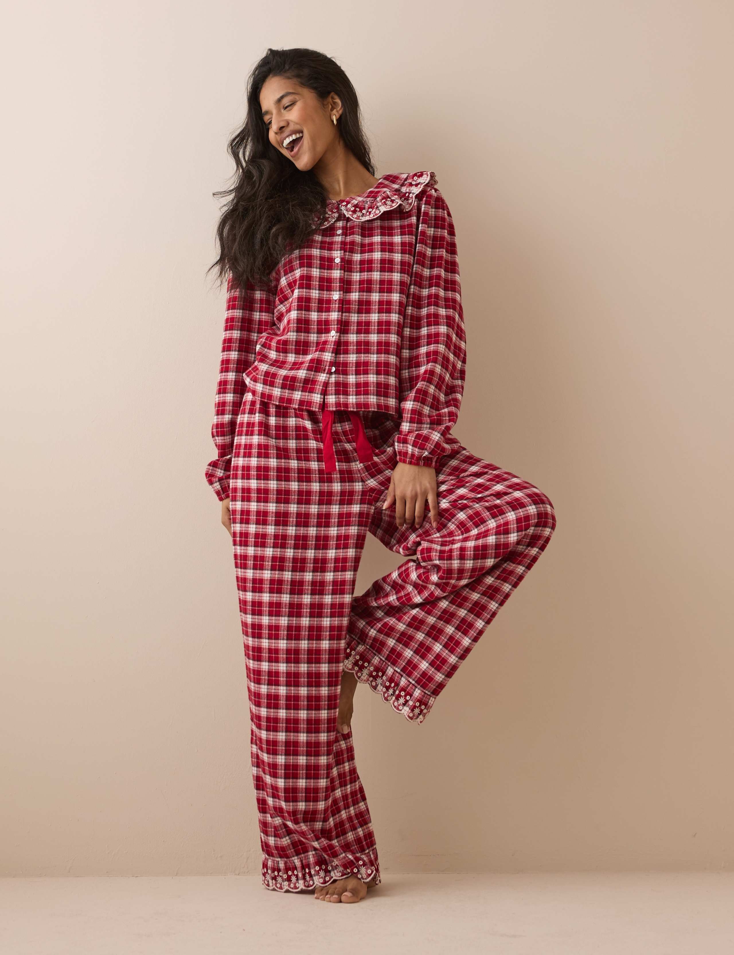 Pure Cotton Brushed Checked Frill Pyjama Bottoms