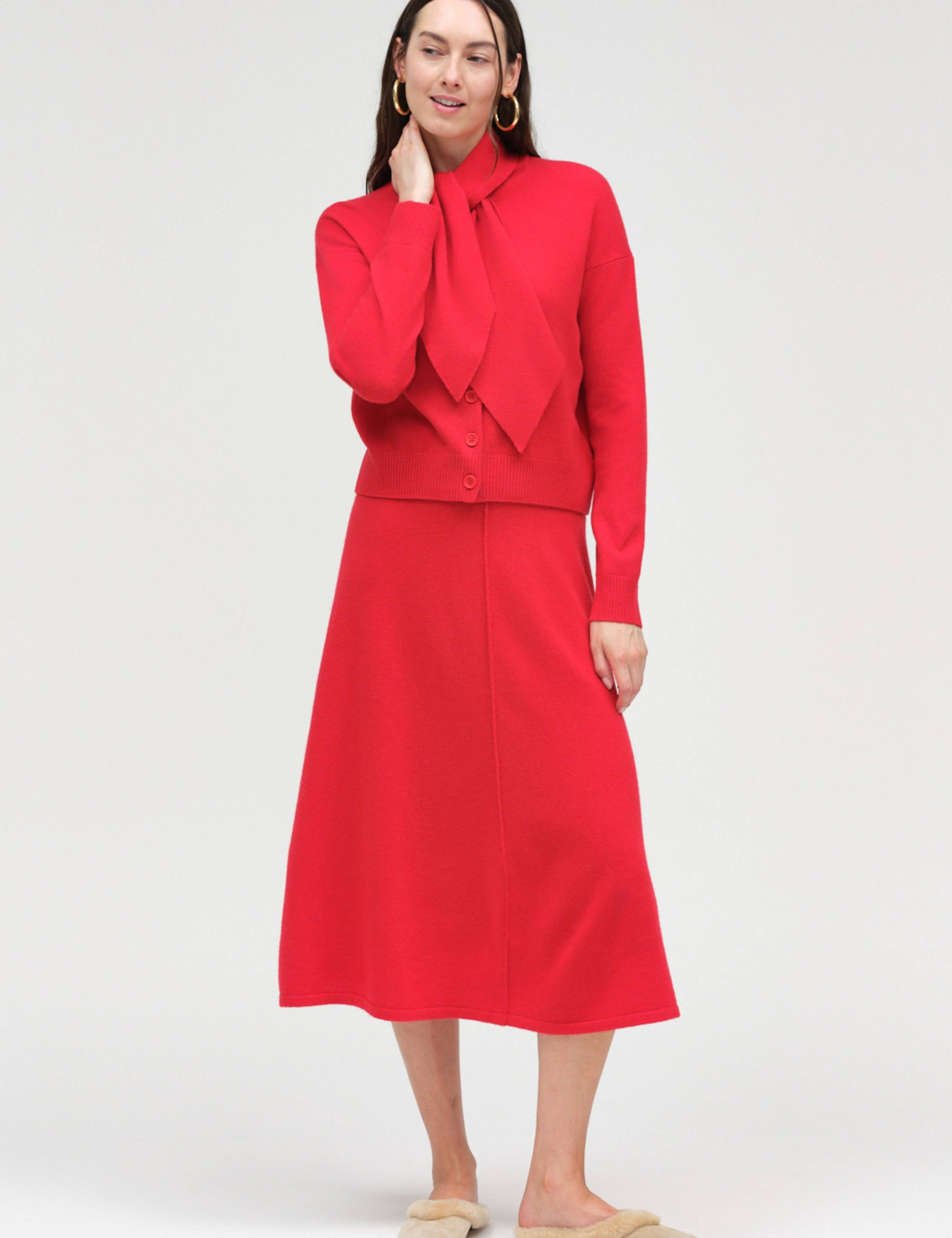 Wool Rich Jacquard Tie Neck Cardigan
