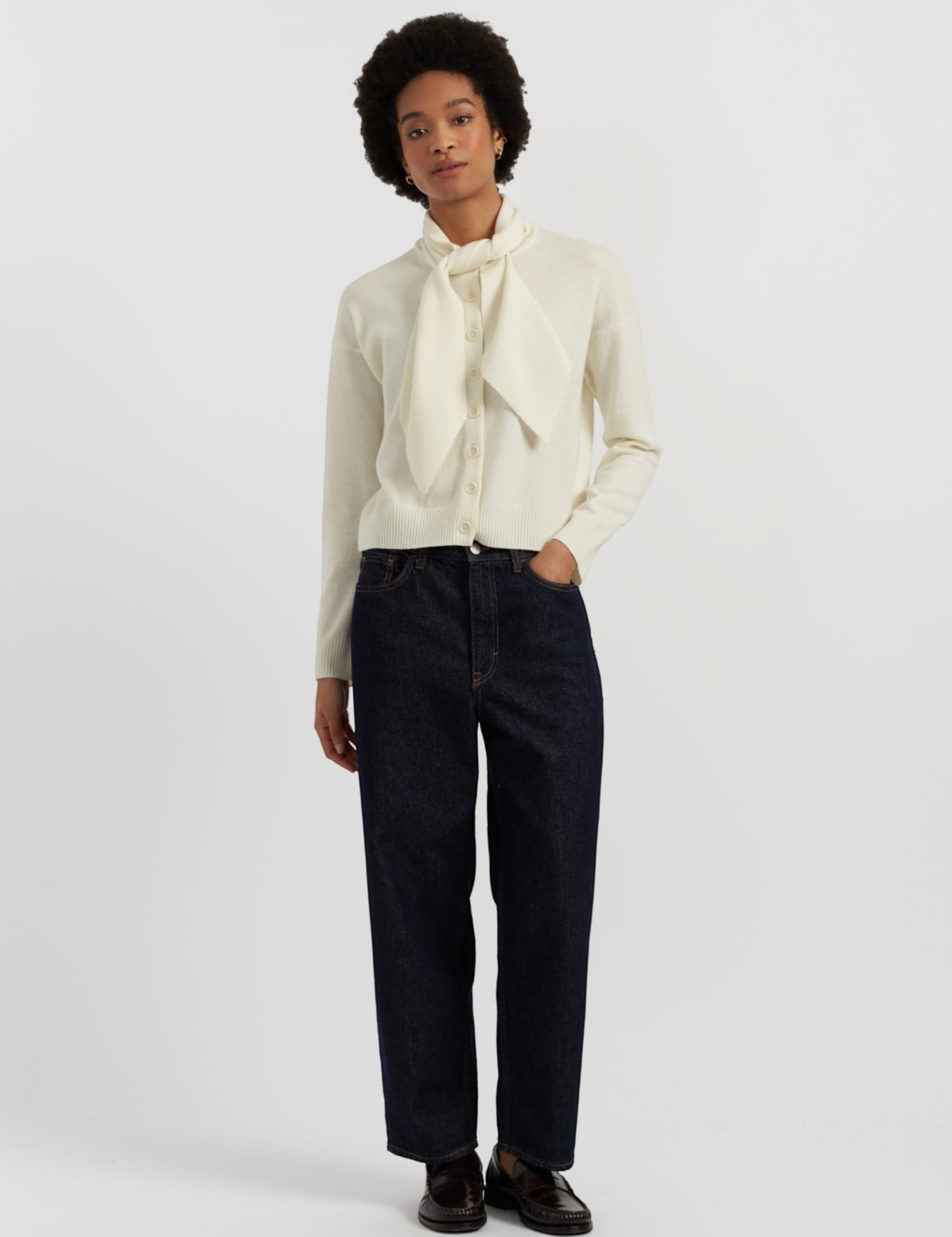 Wool Rich Jacquard Tie Neck Cardigan