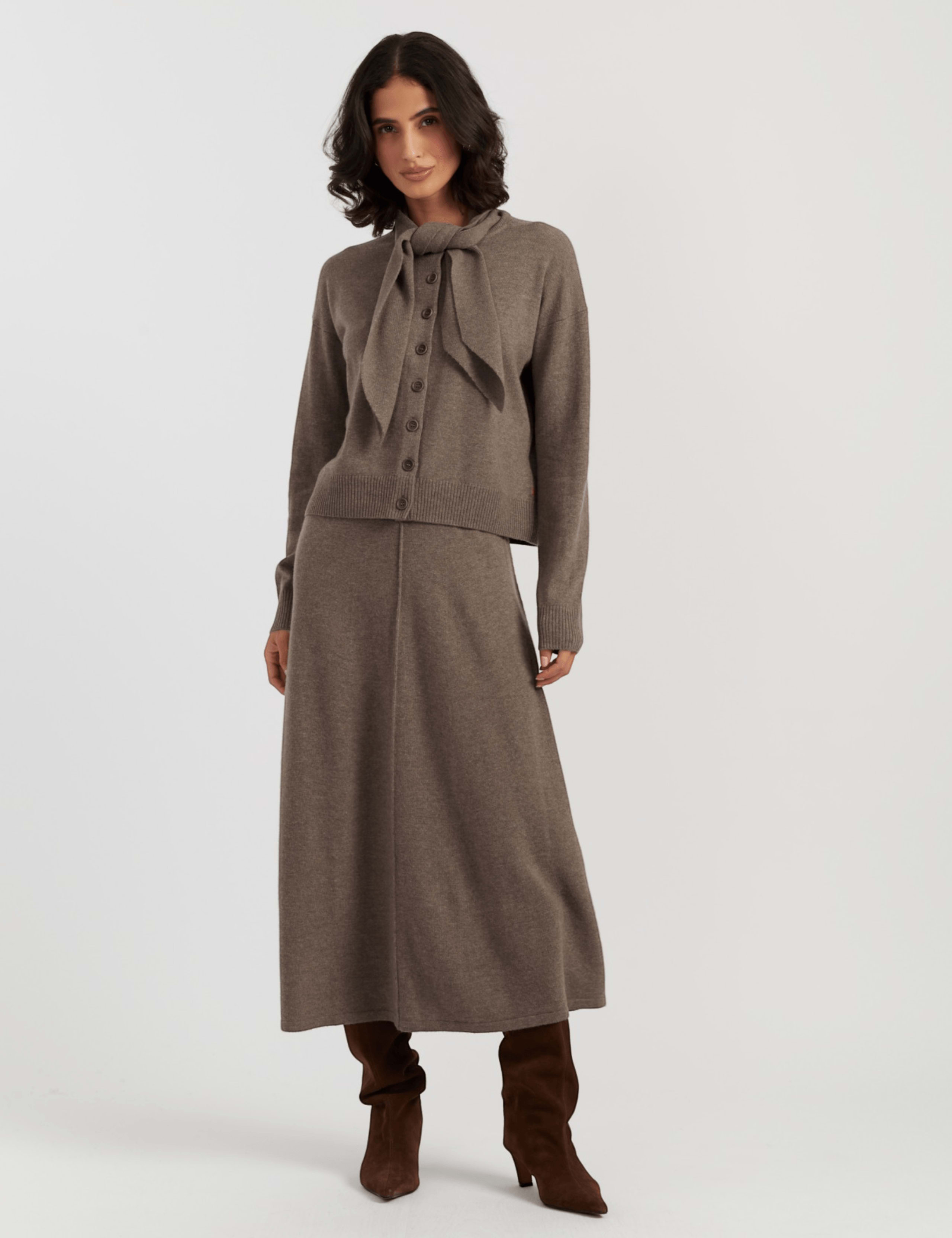Wool Rich Jacquard Tie Neck Cardigan