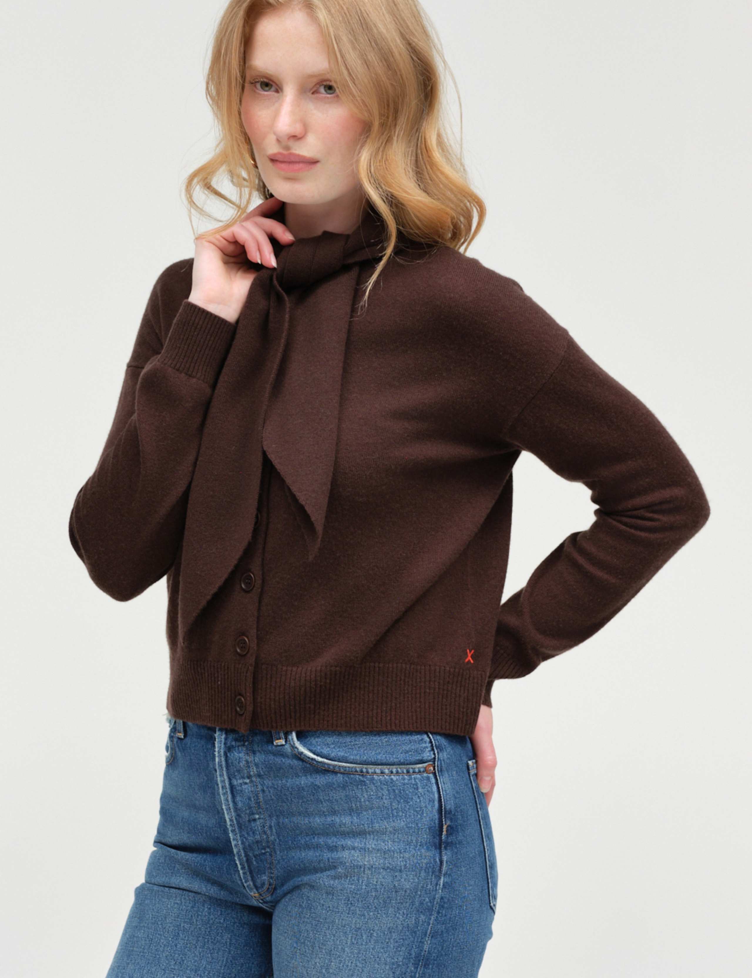 Wool Rich Jacquard Tie Neck Cardigan