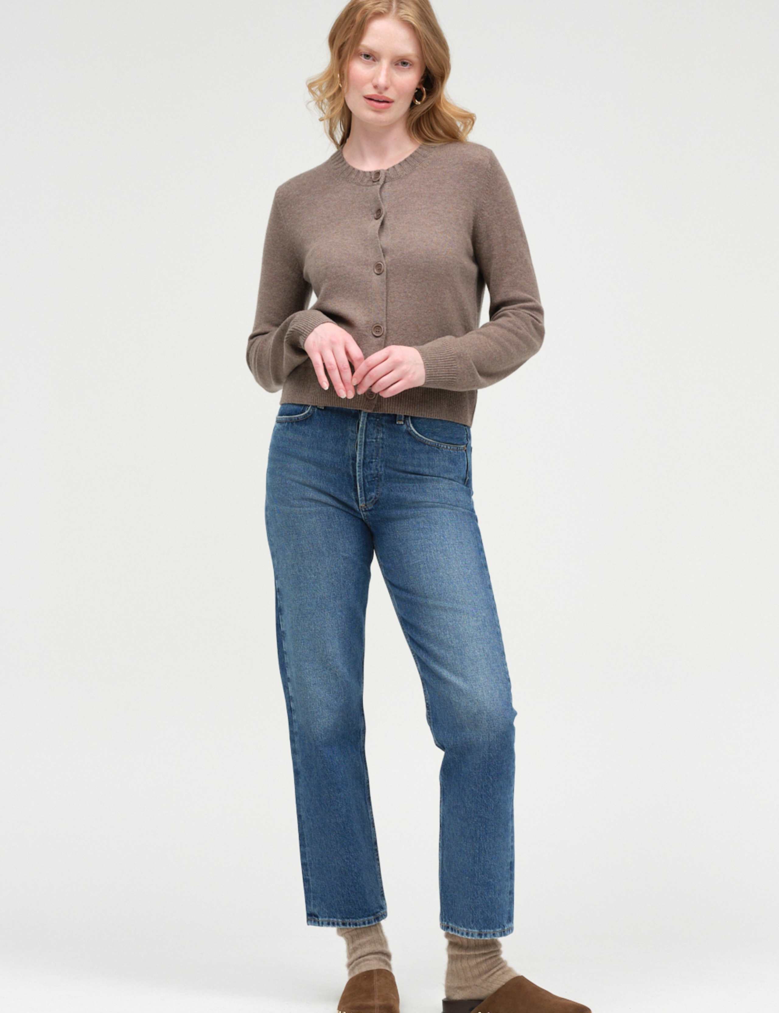 Regular Fit Crew Neck Cardigan with Wool