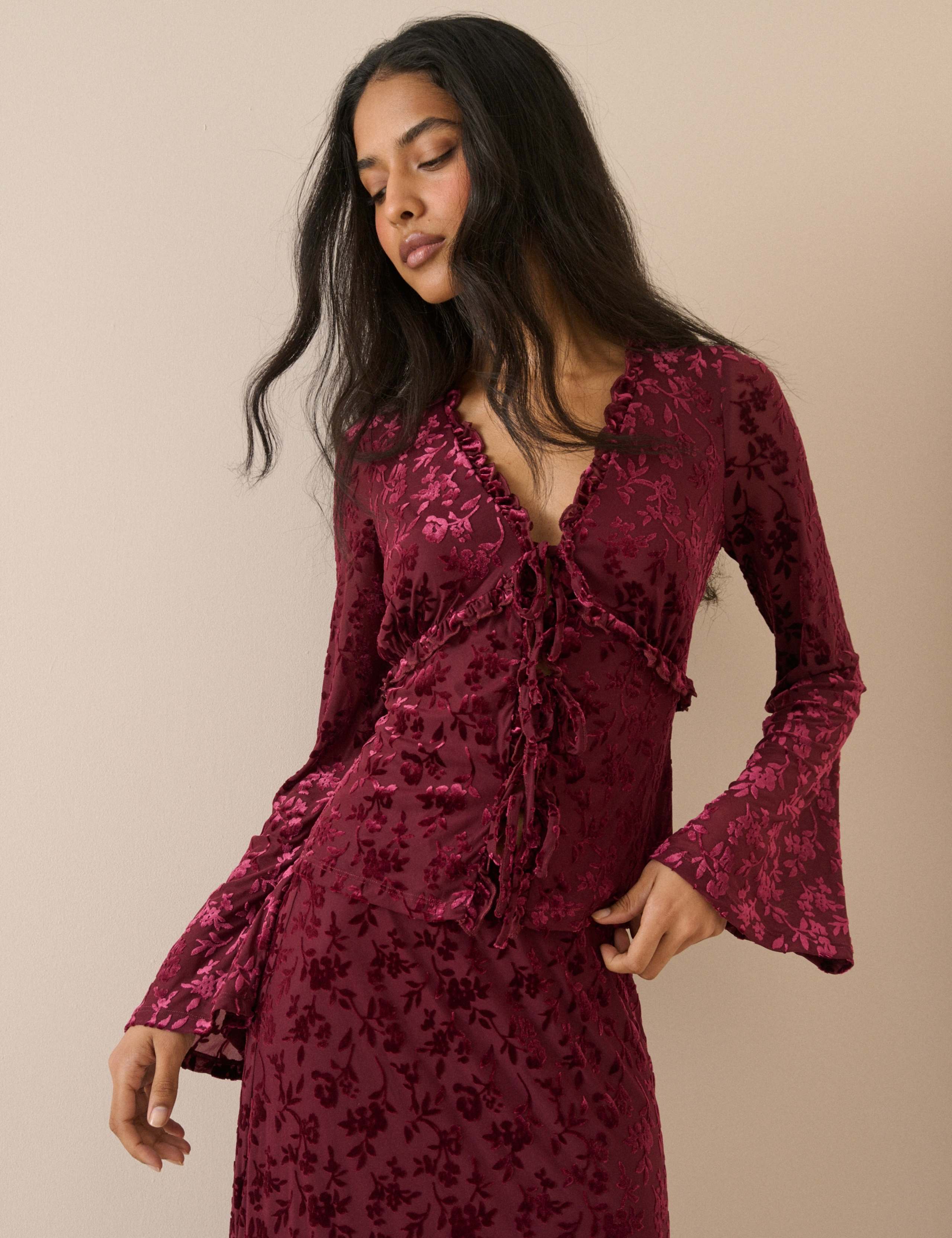 Devore Tie Front Frill Detail Top