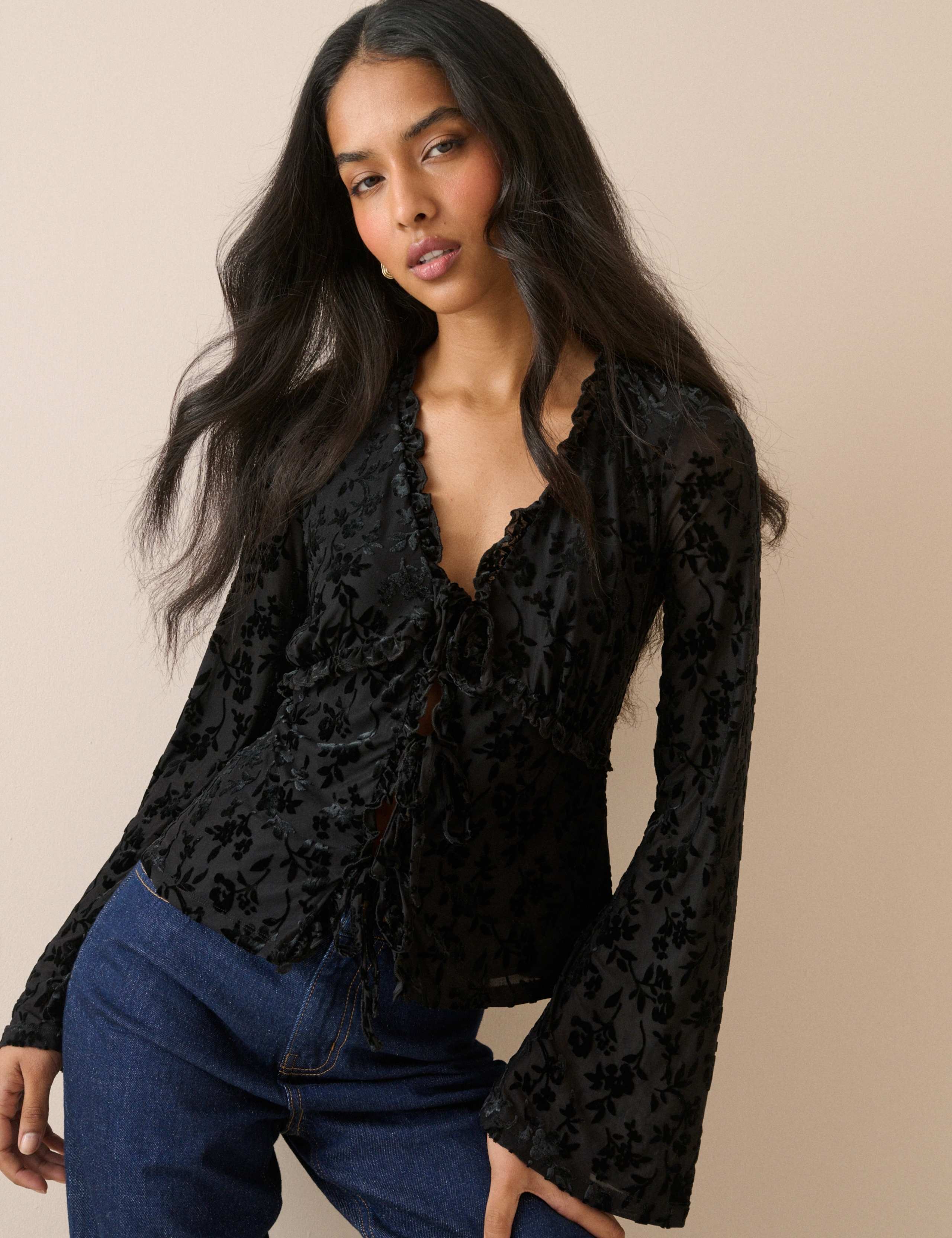 Devore Tie Front Frill Detail Top