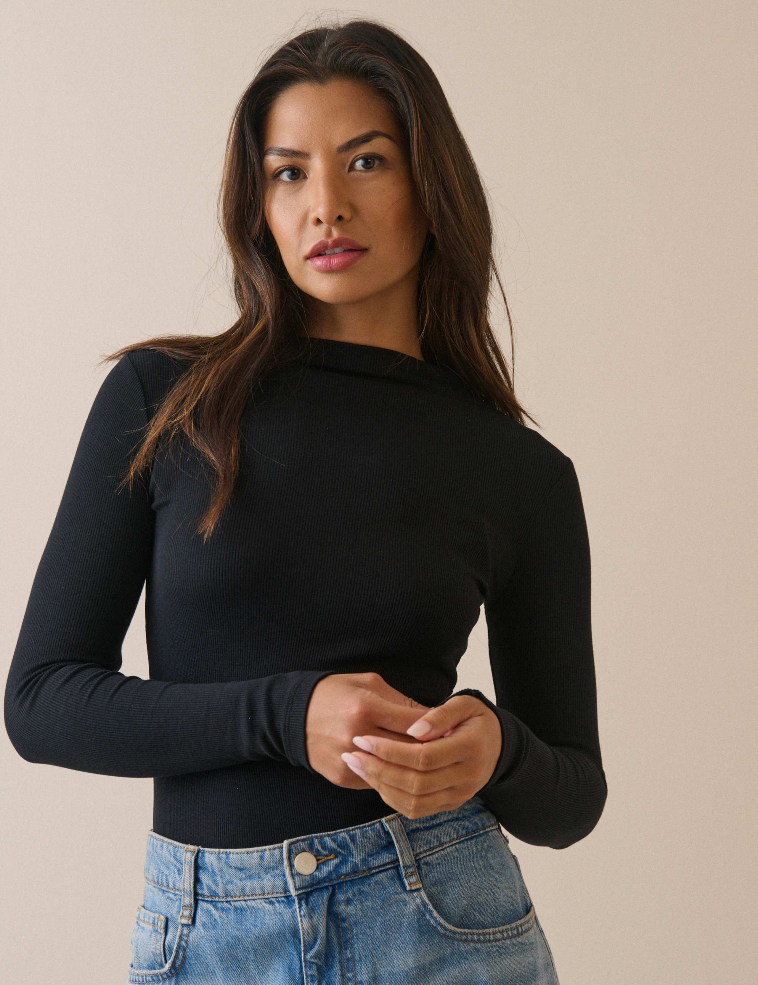 Ribbed High Neck Fitted Long Sleeve Top