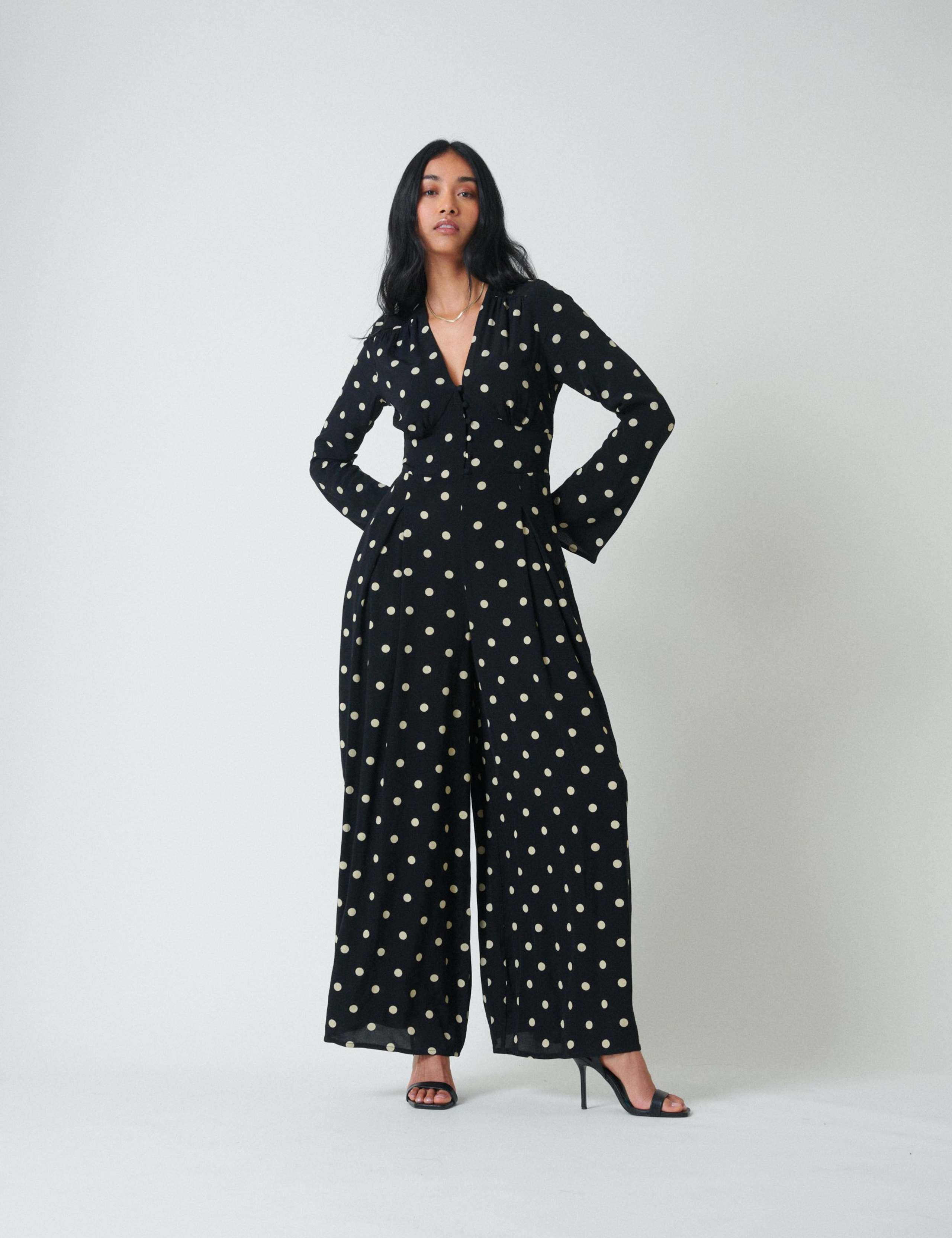 Polka Dot V-Neck Wide Leg Jumpsuit
