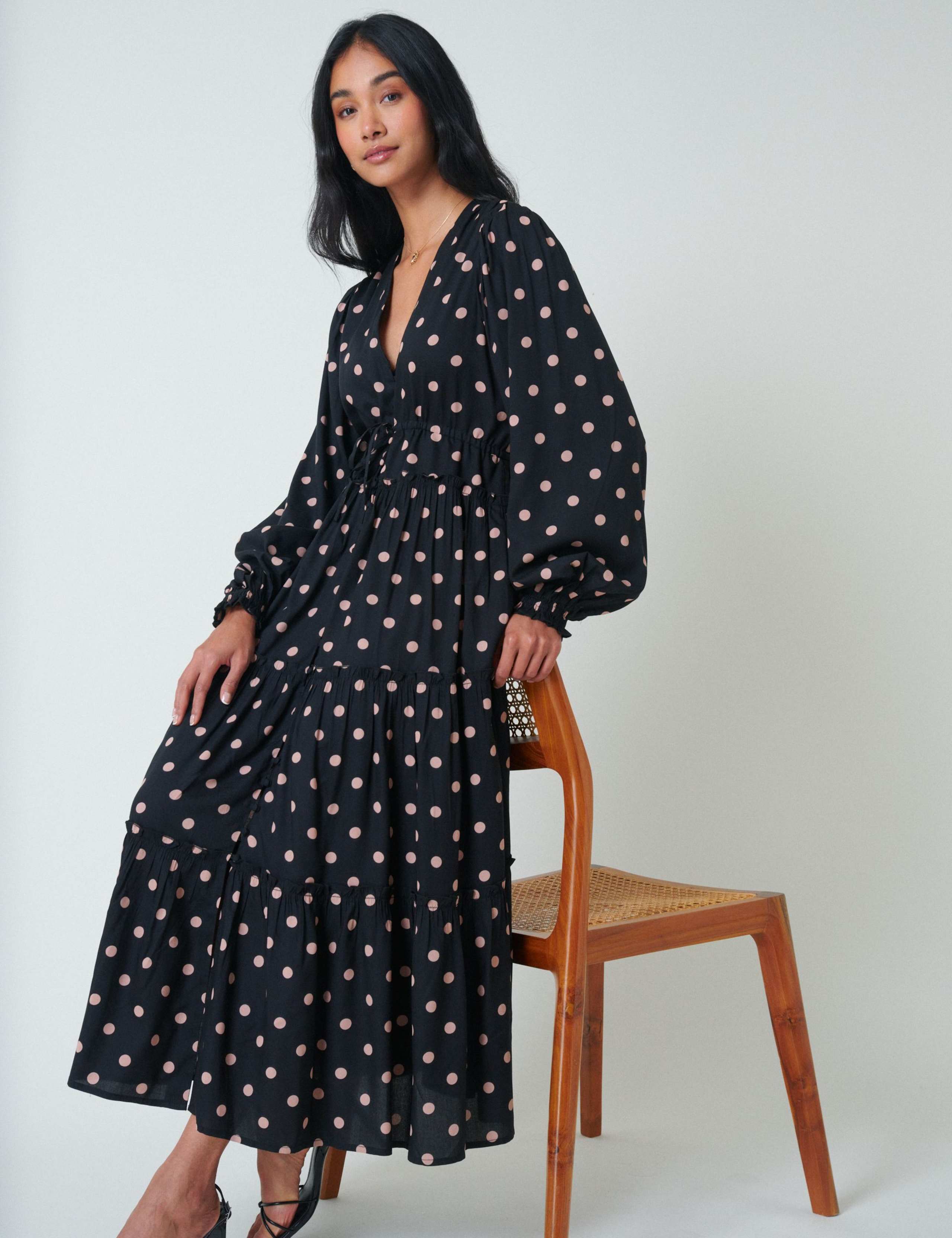 Polka Dot V-Neck Midi Tiered Dress