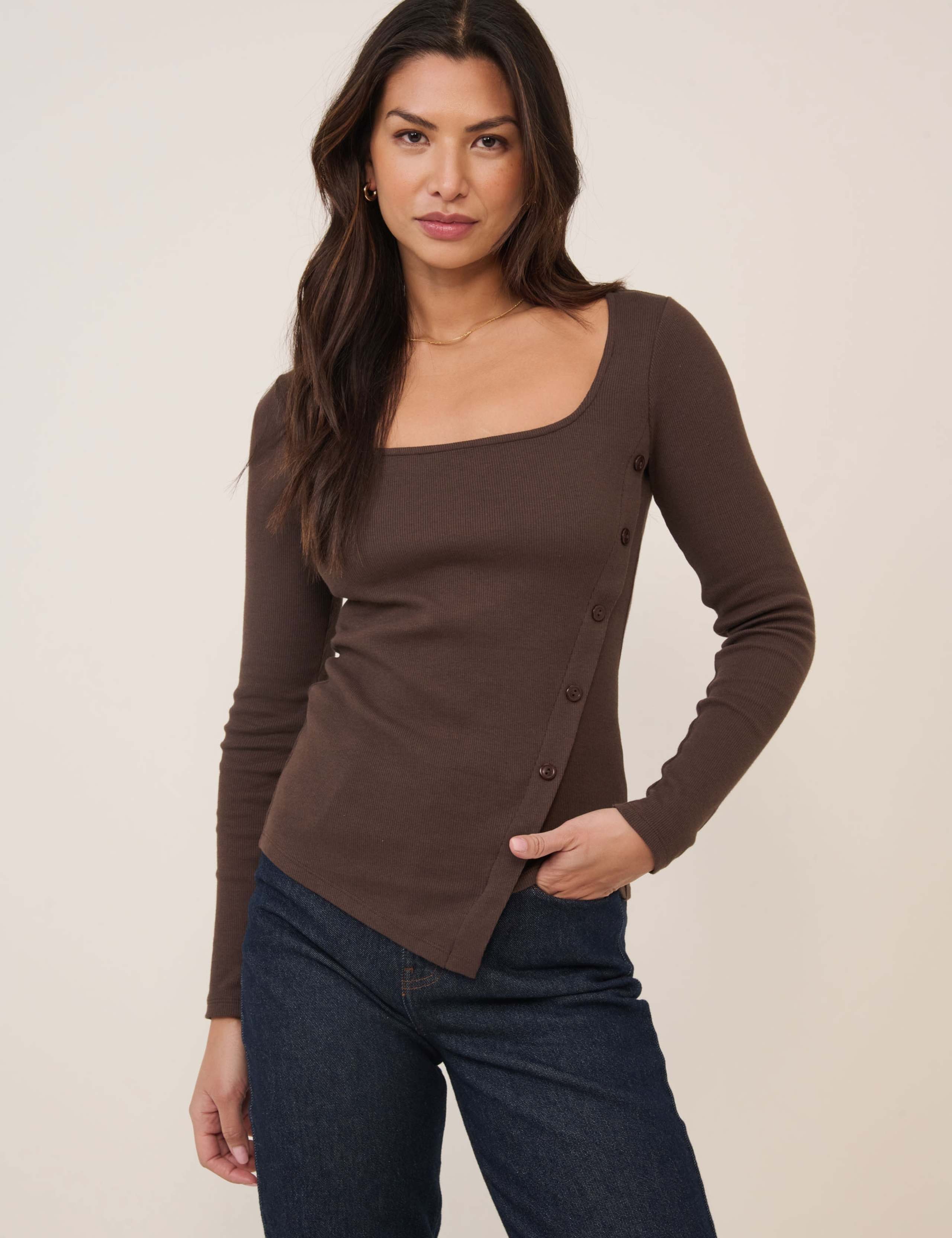 Cotton Rich Square Neck Asymmetric Top