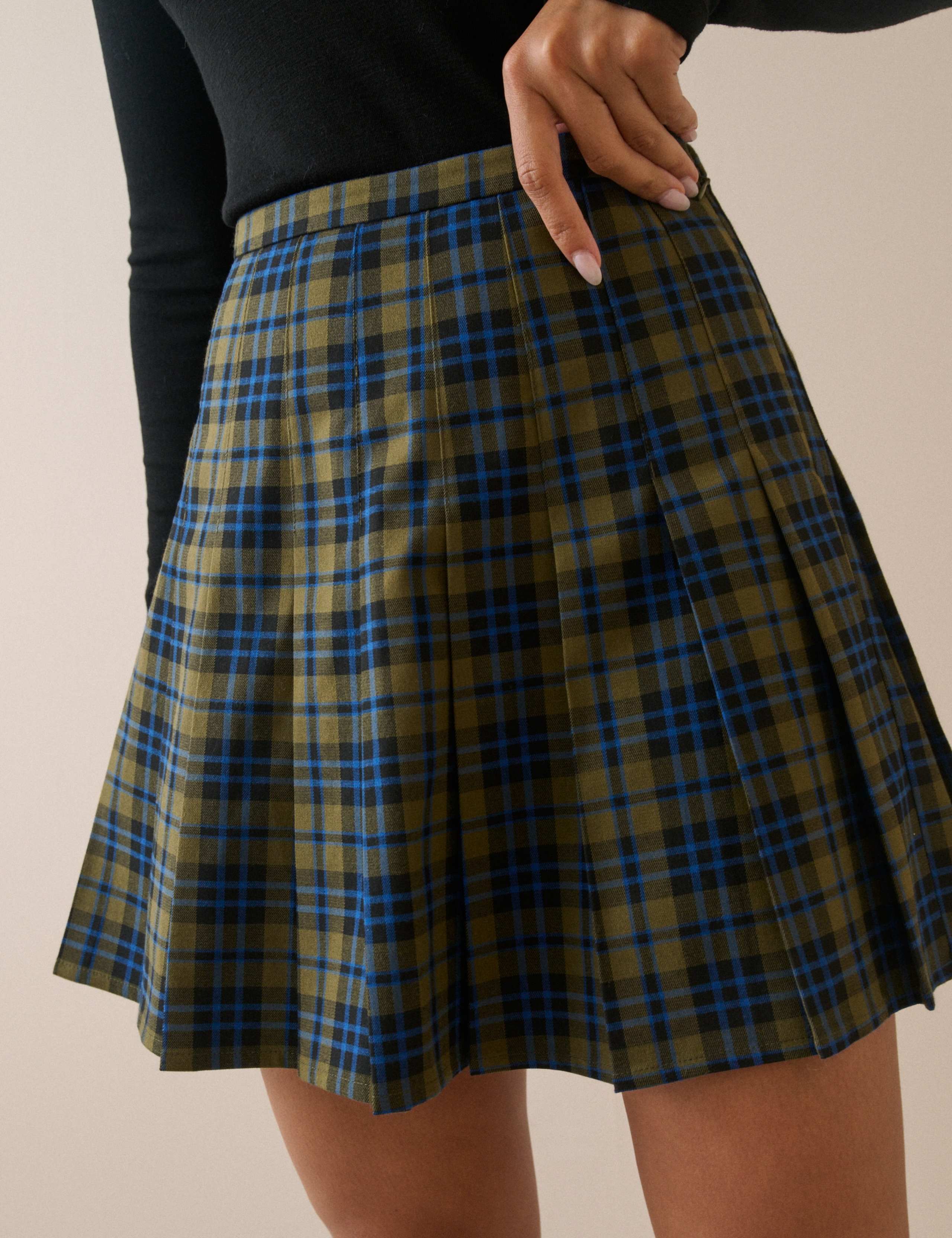 Cotton Rich Checked Pleated Mini Skirt