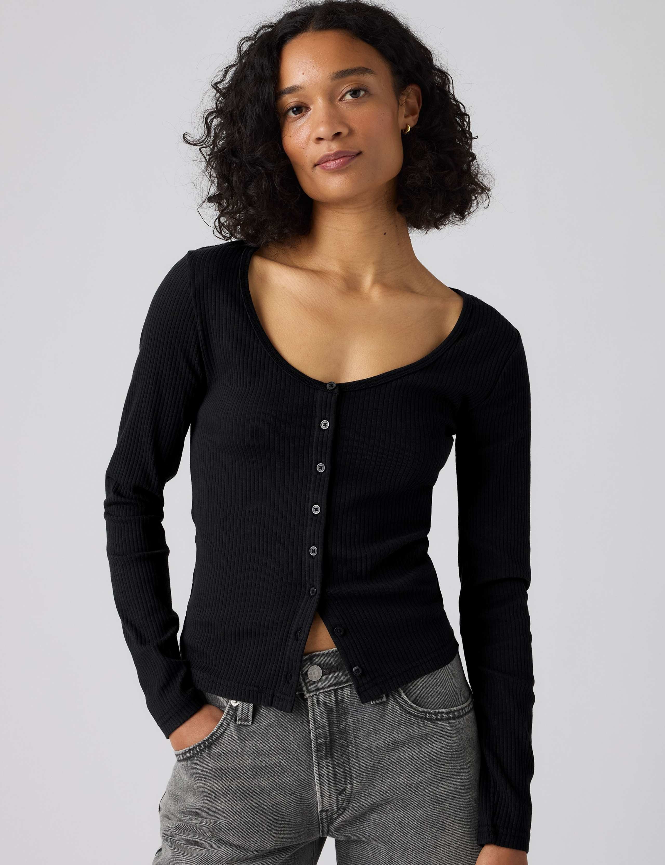 Cotton Rich Round Neck Button Through Top