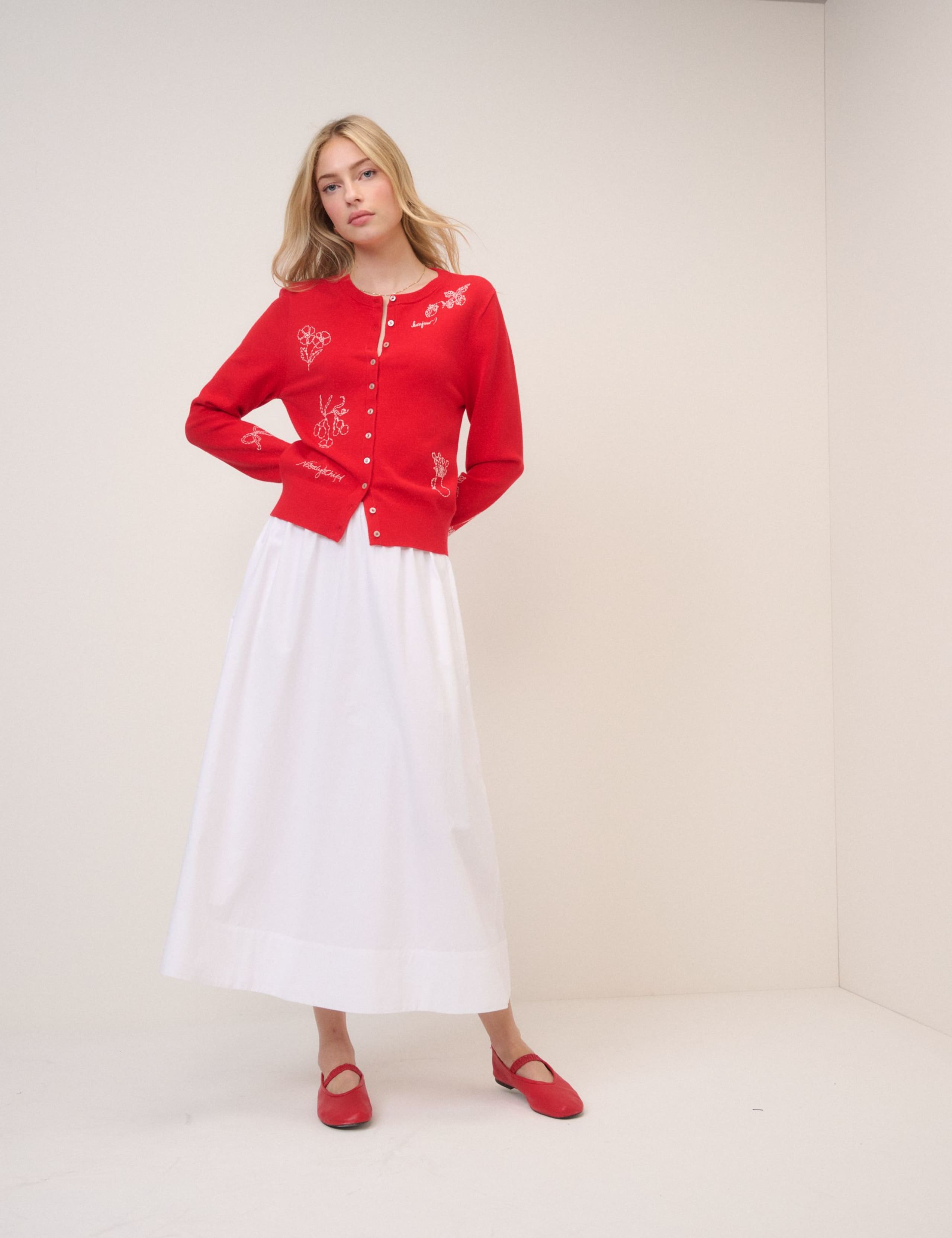 Embroidered Crew Neck Button Through Cardigan