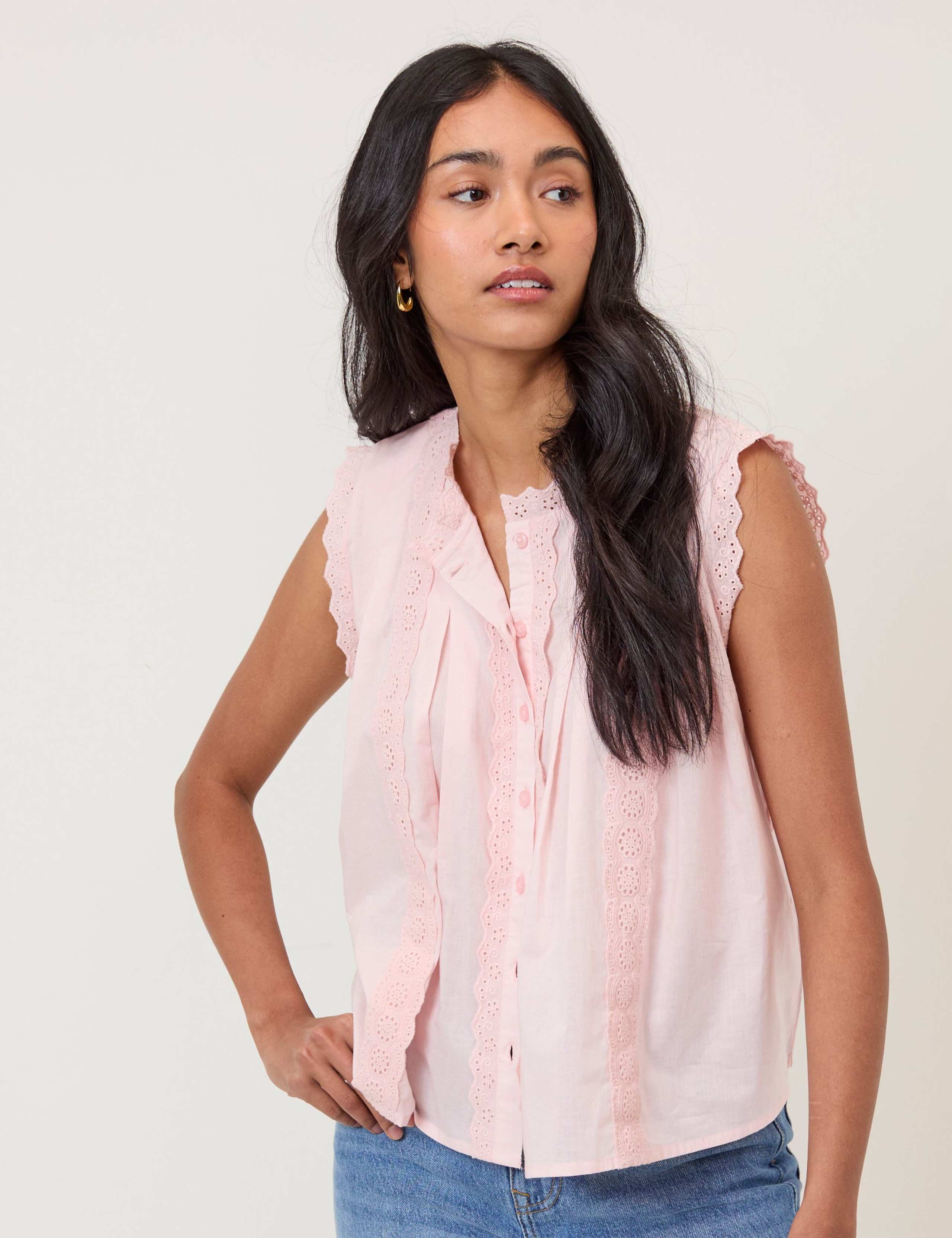 Pure Cotton Crew Neck Lace Detail Blouse