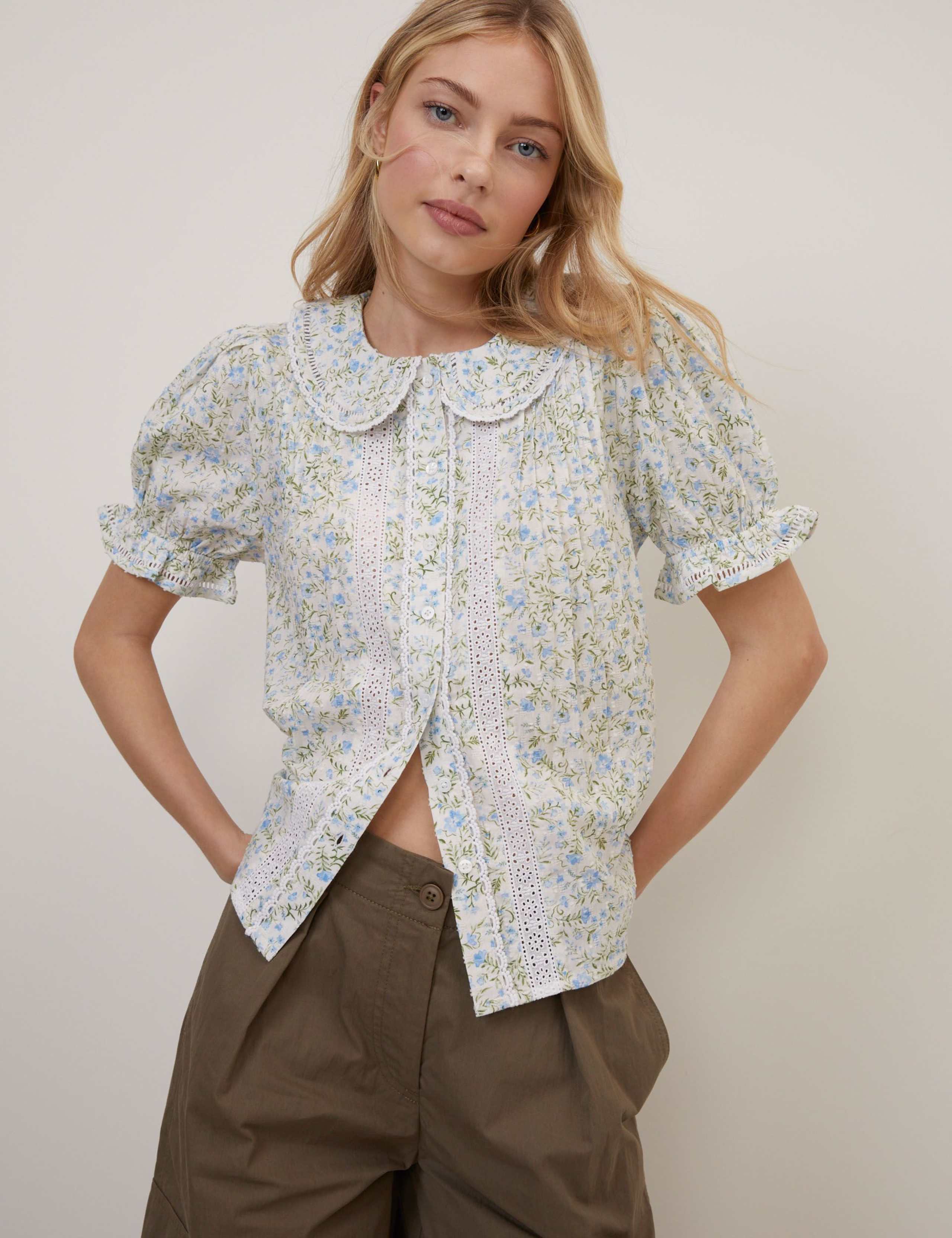 Pure Cotton Peter Pan Collar Lace Detail Blouse