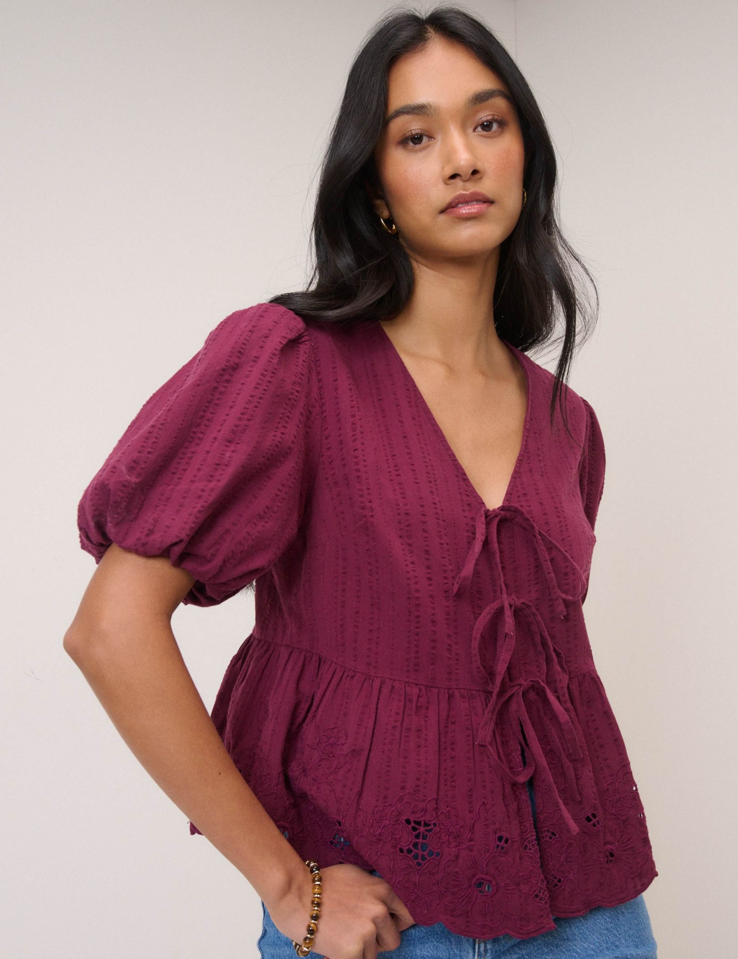 Pure Cotton V-Neck Cutwork Detail Blouse