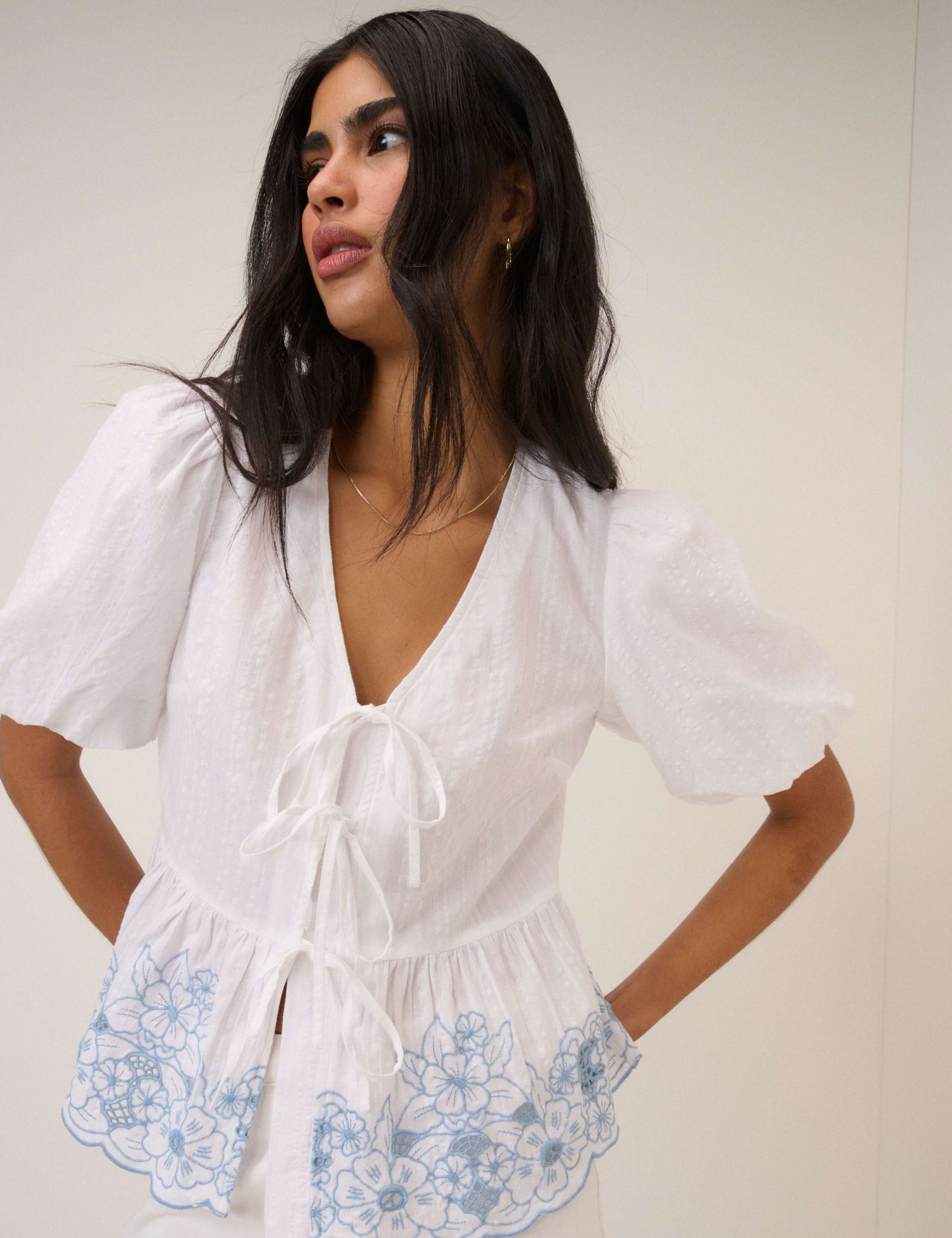 Pure Cotton V-Neck Cutwork Detail Blouse