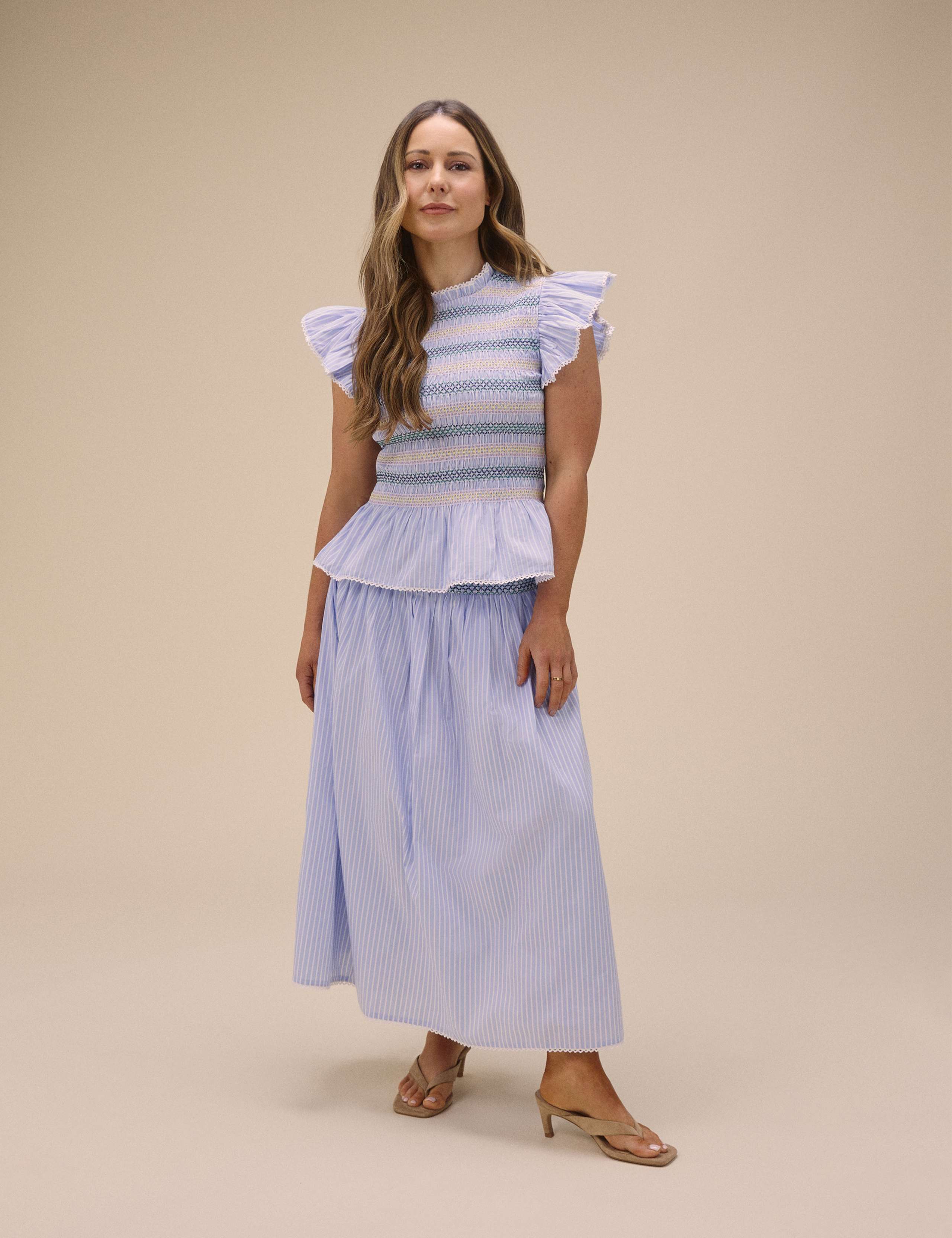 Pure Cotton Striped Shirred Midi Skirt