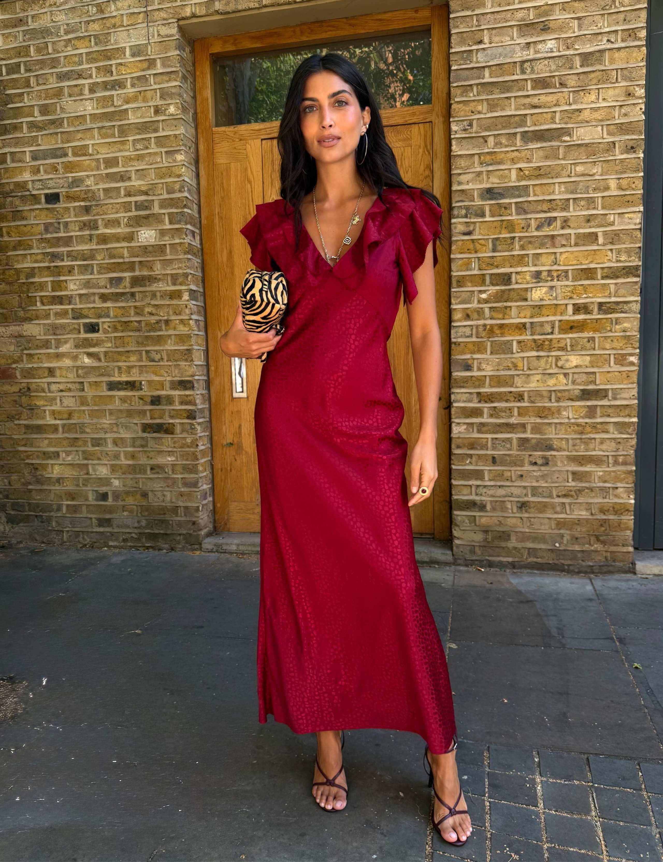 Printed V Neck Frill Maxi Dress