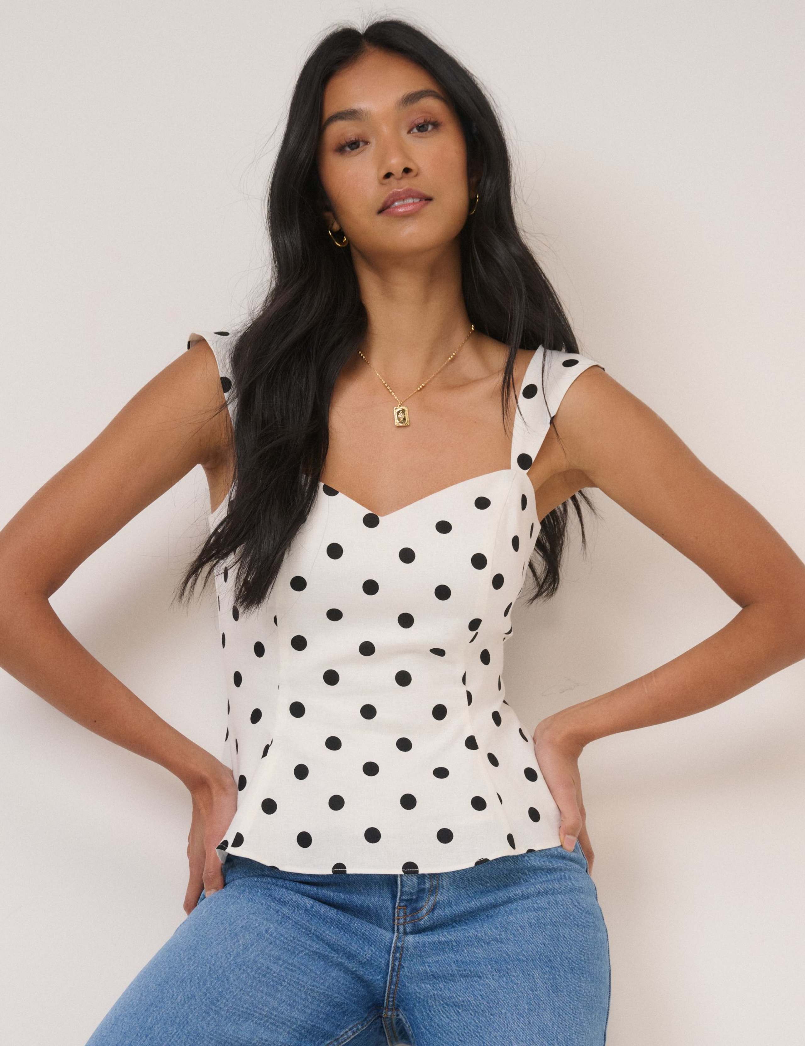 Linen Rich Polka Dot Shirred Top