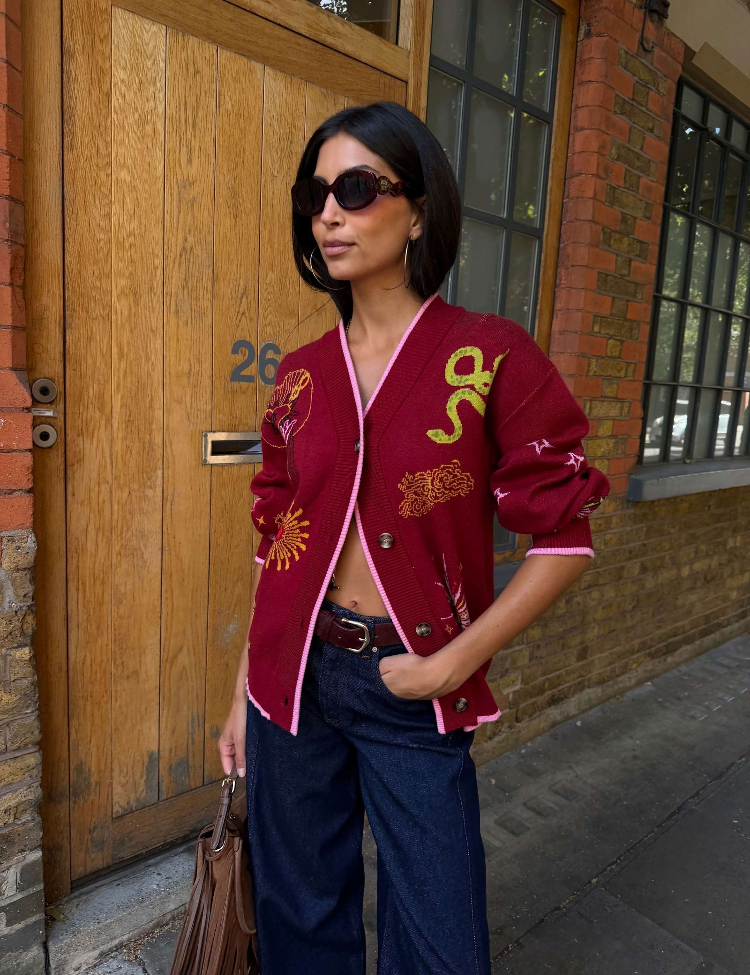 Embroidered V Neck Button Front Relaxed Cardigan