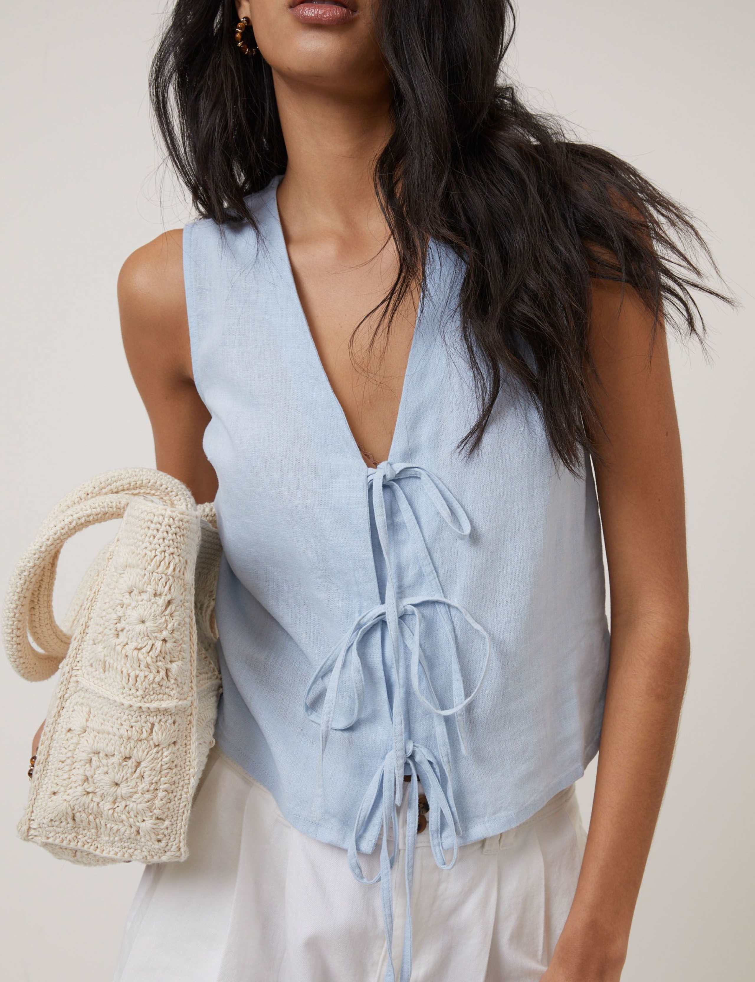 Linen Rich Checked Tie Front Vest Top