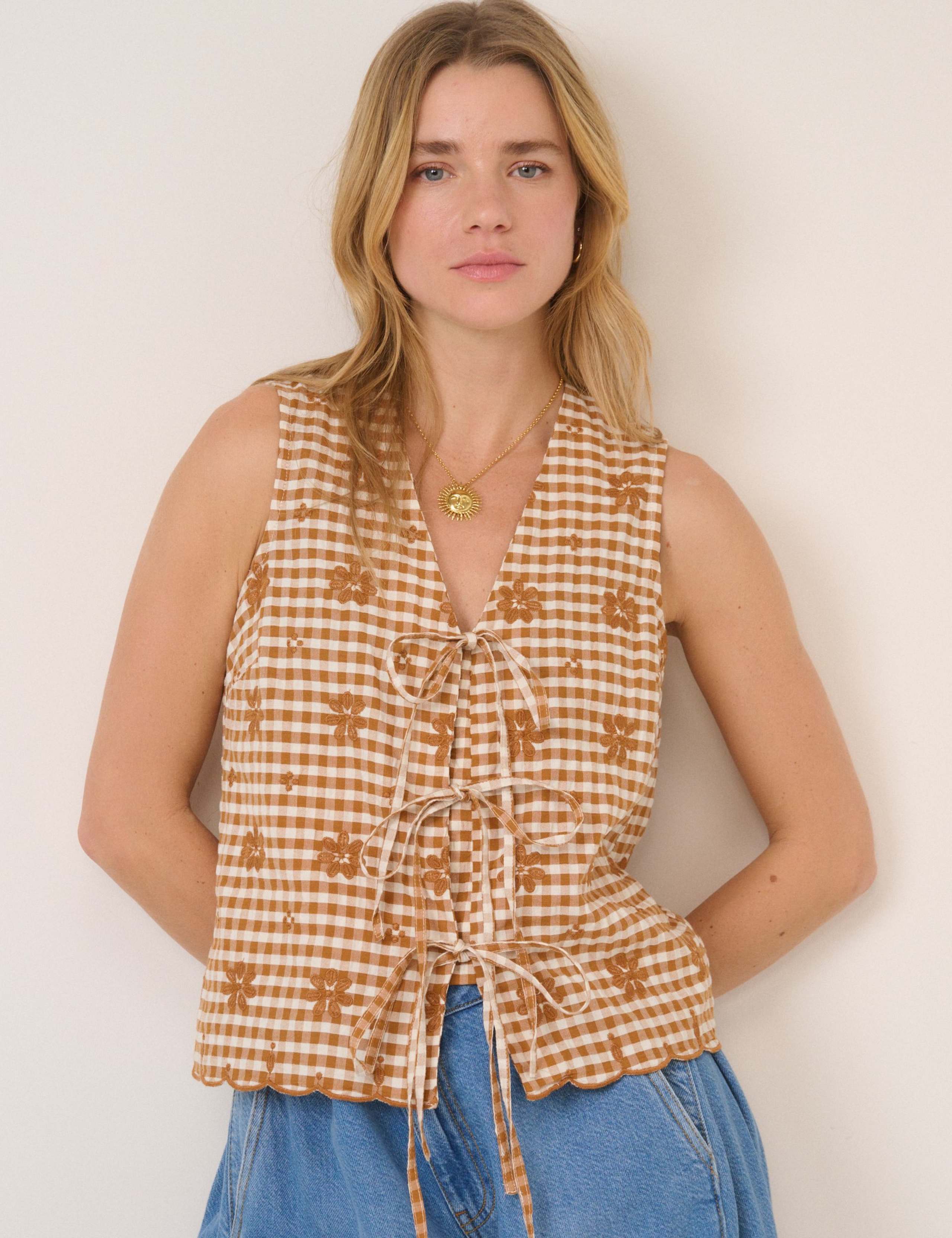 Linen Rich Checked Tie Front Vest Top